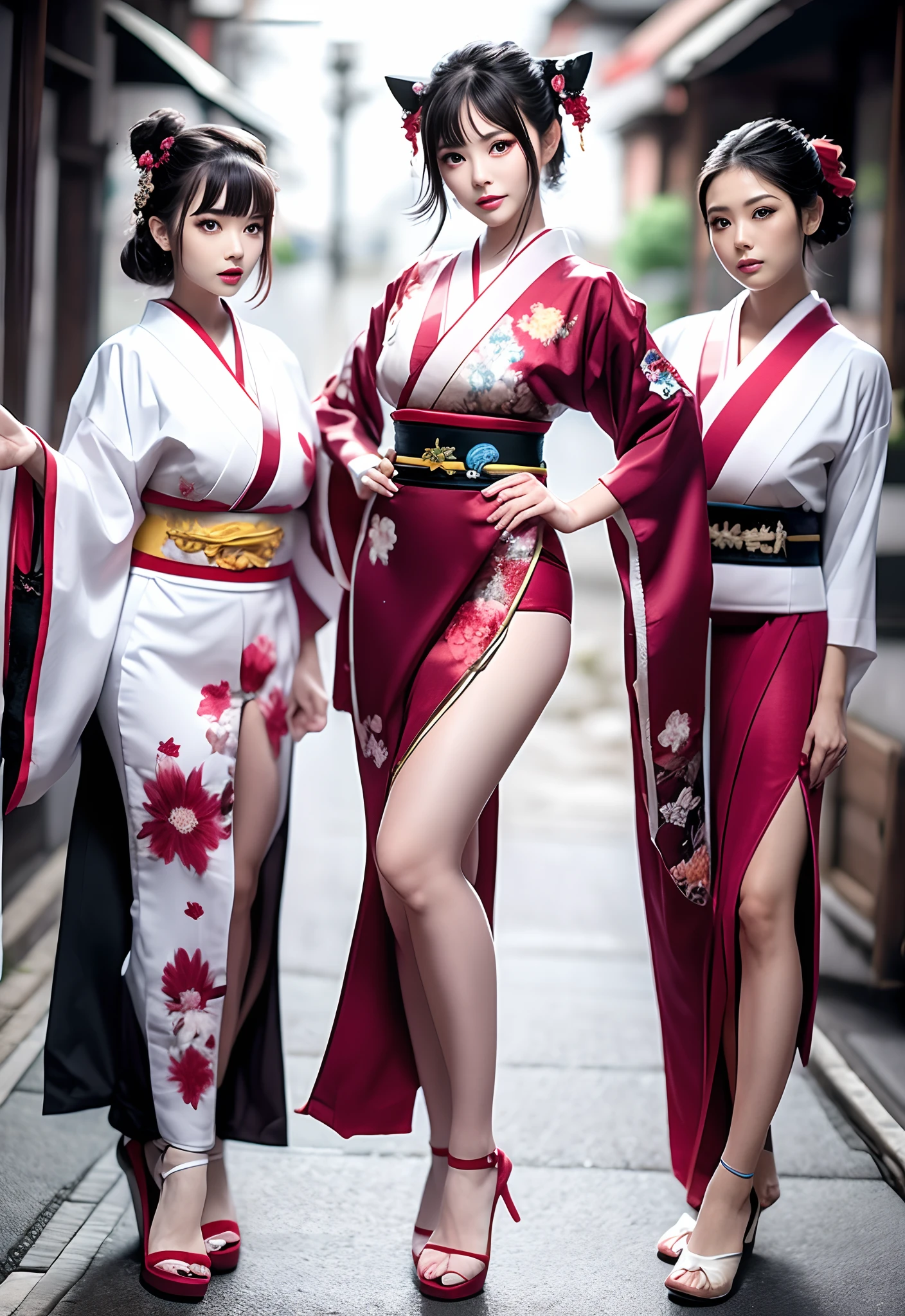 full bodyesbian，huge tit，long leges，cabelos preto e longos，Wear a Japanese red kimono，Japanese shoes，sunny street background，Delicate skin，Bright big black eyes，Light smile，8K，professional，Photographic style，perfectly proportions
