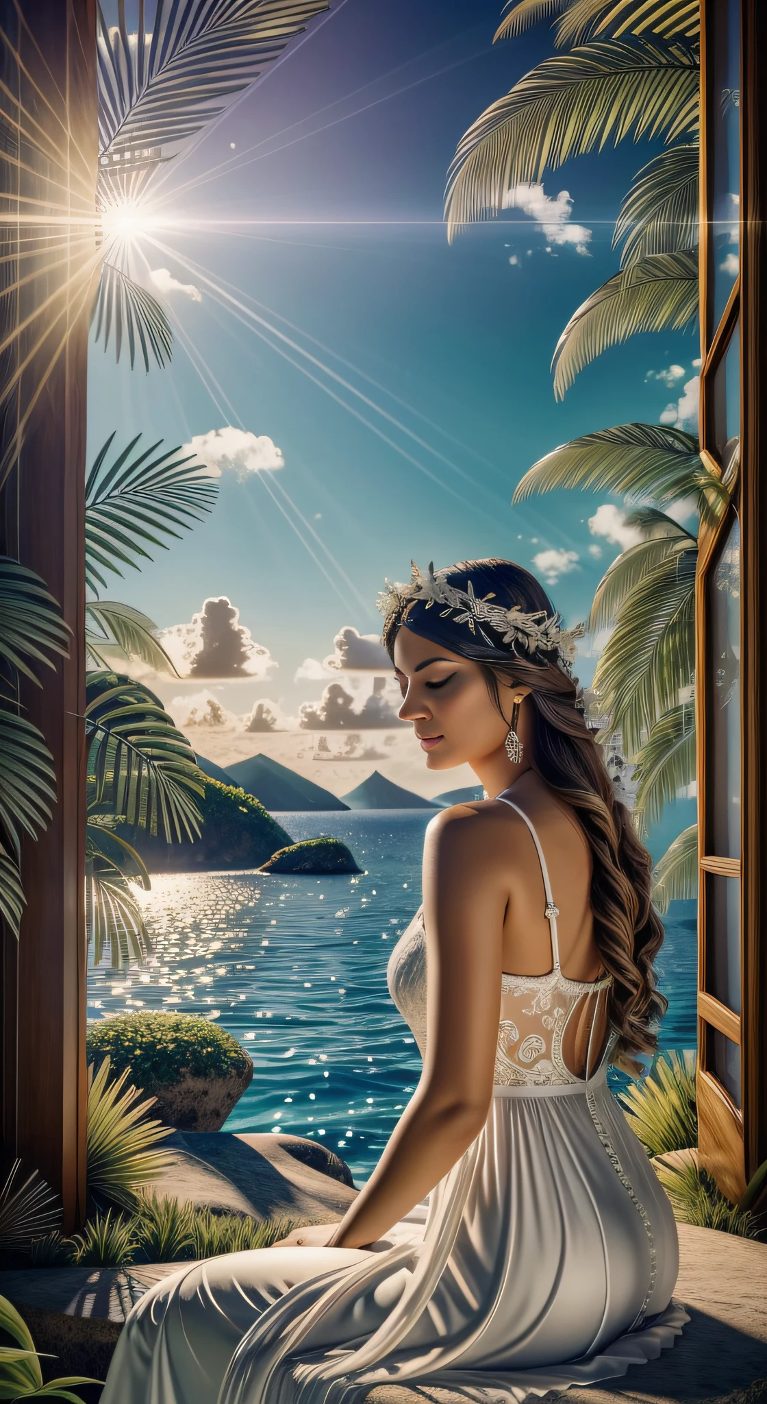 Reflecting Divine Serenity - Realistic Photography of Uriel Sitting in Paradise in Light Robes red, In This Creative Exercise, you will be guided to create an exceptionally detailed and realistic photographic image of Uriel, a guerreira celestial, sitting in a paradisiacal setting. Your mission is to capture not only the beauty and tranquility of the scene, but also to convey the heavenly aura and serenity of Uriel as she rests in paradise. Uriel is sitting on a plot of land covered by a carpet of soft, verdant grass. Ao fundo, Crystal clear water waterfalls fall gently, creating a soft murmur that fills the air. The golden light that bathes the scenery highlights the iridescence of the feathers of its wings. As roupas fluem suavemente em torno dela, creating a sense of movement even when sitting. Soft shades of blue and white reflect the purity and peace of the paradisiacal environment. Seus olhos, suavemente fechados, suggest that she is immersed in divine thoughts or spiritual communion. There's a faint smile on her lips, conveying the joy and harmony she finds in this heavenly refuge. As texturas da grama, of Uriel's clothes and wings are rendered accurately, conveying the tactile and visual feel of the scene. The soft reflections of light on her clothes and wings add a dimension of realism and depth to the image. The scene captures the essence of the ethereal beauty and tranquility that Uriel represents. Cada detalhe, from the light robes to the natural elements around them, contributes to the visual narrative of a divine moment of introspection and peace in paradise., chromatic aberration abuse, UHD, retina, masterpiece, ccurate, anatomically correct, textured skin, super detail, high details, high quality, award winning, best quality, highres, 1080P, HD, 4K, 8k, 16k --q 5