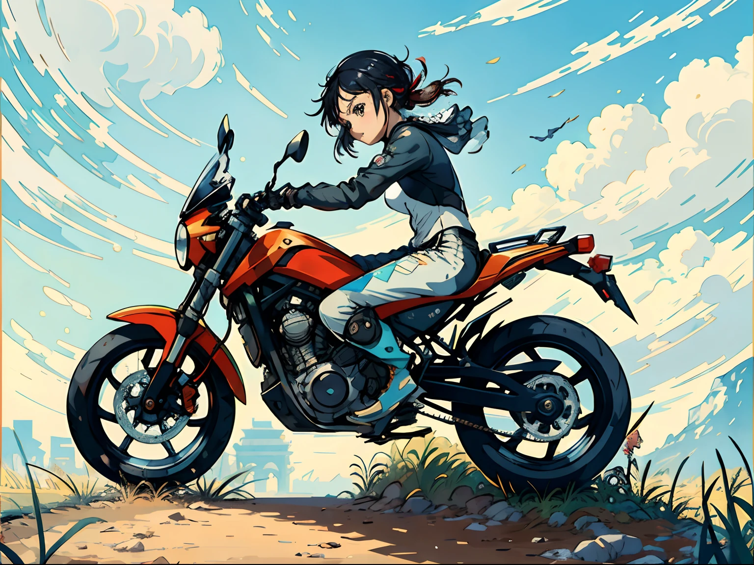 a chibi girl riding motorbike,(by Artist Jan Hendrik Weissenbruch:1.3)