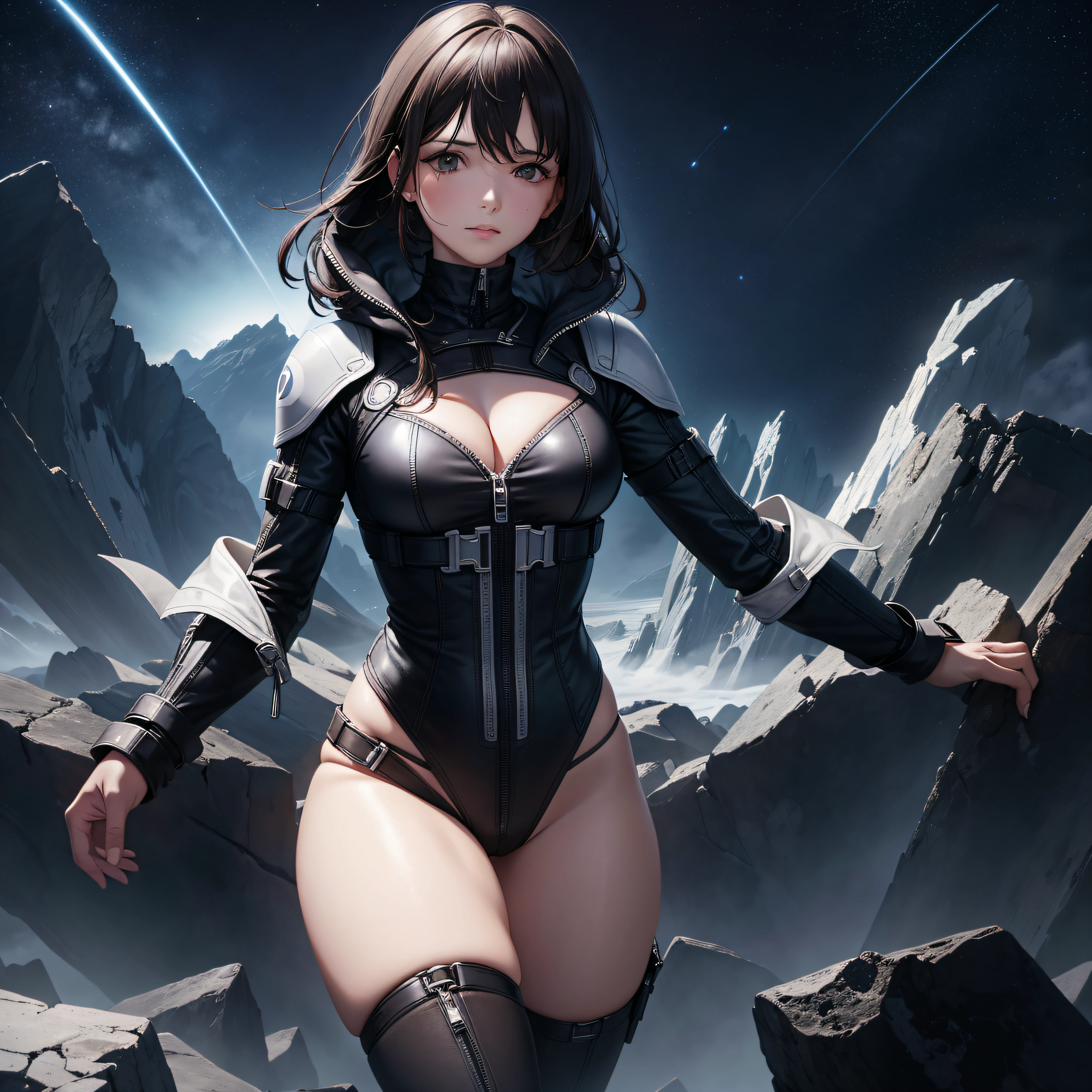 mujer_perteneciente_a_la_tripulacion_de_la_spacecraft_prometheus__cintura_delgada_y_caderas anchas pasea por una ciudad solitaria de fantasi