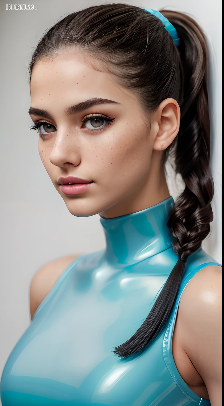 Top body photo of beautiful jewish teen (Looking away) , ( Soft Doll facial features ), ( Extremely long and detailed eyelashes), Large full round detailed lips, sterling gray eyes color:1.4 ,soft round face shape , small upturned snub nose , Extremely long iris , (Rich iris:1.2 ), beautiful eyes , soft botox lips , Skinny face , Face focus , (( Gentle facial features)), she is young and cute, so beautiful , (Strong black mascara ), (Pigtails hair ), ( Ash hair color), (Realistic detailed eyes), Wearing light turquoise latex body suit , Masterpiece, Professional photo , Realistic, Huge image size , Absurd , Best quality ,DoF bokeh, DSLR photography, 8k, 20 megapixel, glamour shoot, contrast, textured skin, light freckles,hard light, gigapixel, flawless face, Side view, White background, Strong straight lighting, light on face