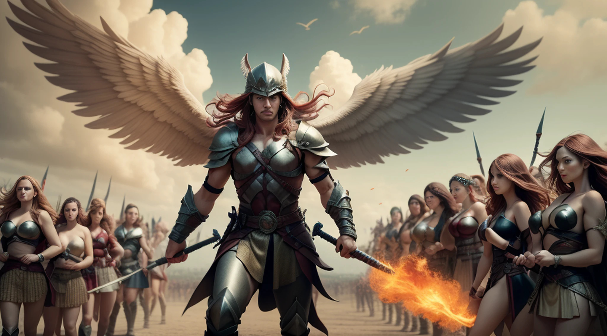 Create an image of an archangel with four large wings who is leading an army of angels to fight the forces of evil in an epic battle. He has a flaming sword in one hand and a shield in the other, and his face is determined and courageous. UHD, high details, super detail, best quality, 8k