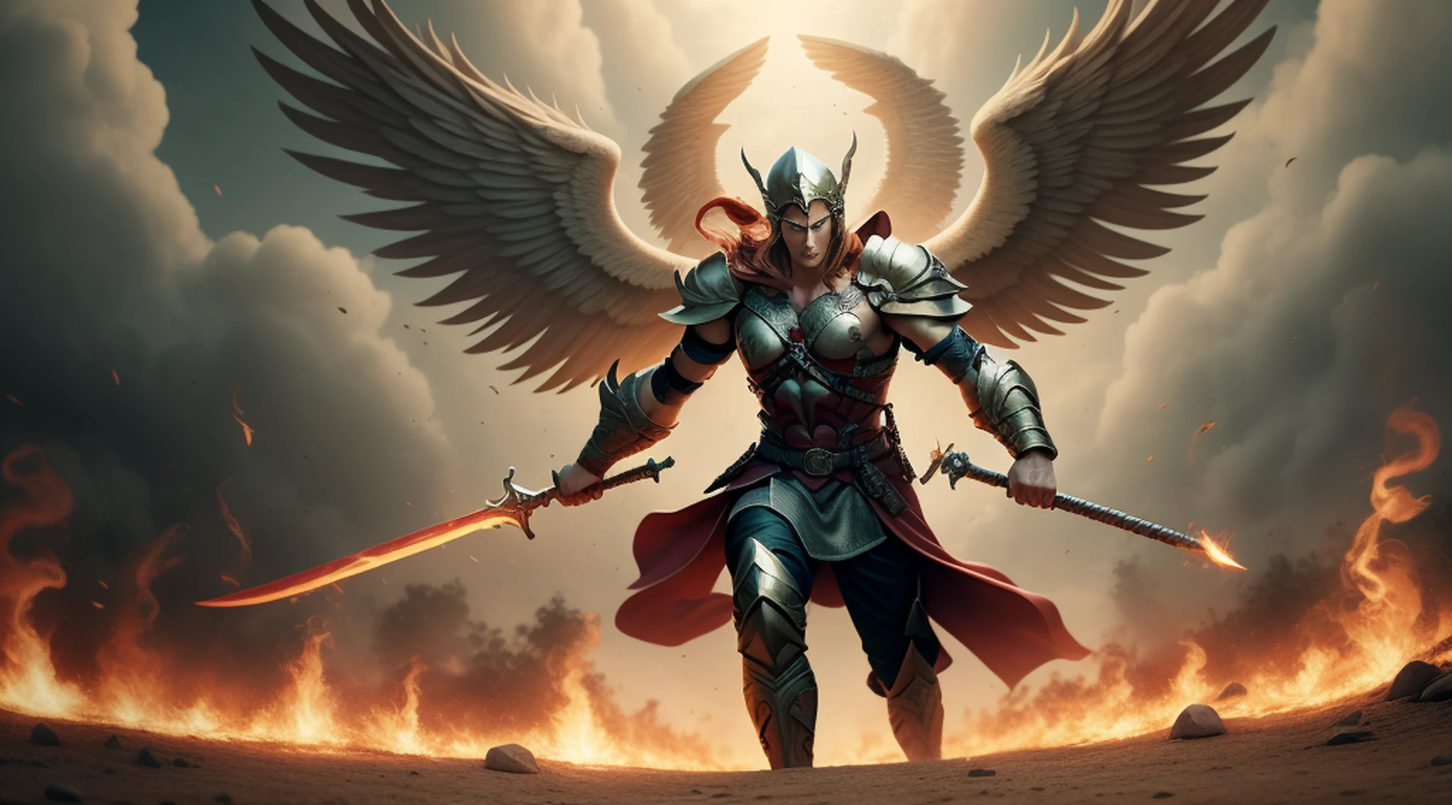 Create an image of an archangel with four large wings who is leading an army of angels to fight the forces of evil in an epic battle. He has a flaming sword in one hand and a shield in the other, and his face is determined and courageous. UHD, high details, super detail, best quality, 8k