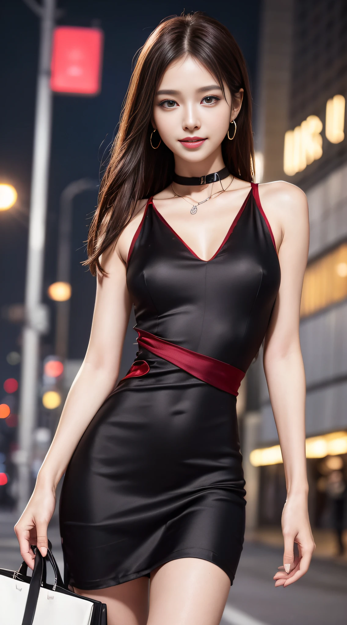 8k, masterpiece, RAW photo, best quality, photorealistic, extremely detailed CG unity 8k wallpaper, Depth of field, Cinematic Light, Lens Flare, Ray tracing, (extremely beautiful face, beautiful lips, beautiful eyes), intricate detail face, ((ultra detailed skin)) 1girl, in the dark, deep shadow, pretty korean girl, kpop idol, 1 girl, (very slim slender fit-muscled body:1.3), ((looking at viewer)),(big smile:1.3), (tight mini dress), (sleeveless) , (fashion city night, dark night, (neon sign), (blurred background), fashion street night),(without people in the background:1.3), beautiful earrings, bracelets, necklace, pantyhose, clear eyes, walking , front shot, (pale skin), (big eyes), face forward, (full body shot), ((silk red, black color dress:1.3)),(brown hairs), (see through), (looking at viewer:1.3) open breast, very slim, medium breasts, hermes bag
