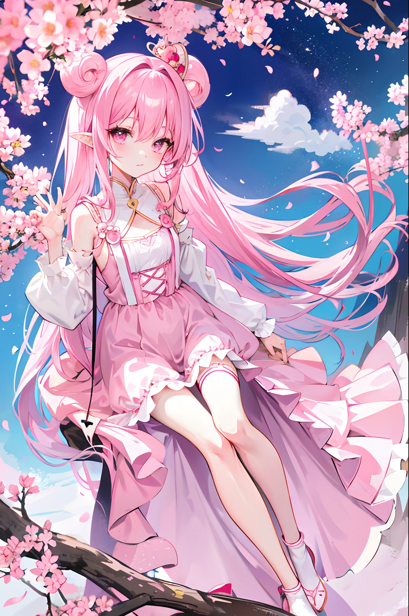 Pink two-dimensional anime cartoon two-dimensional pink hair, Pink hair, Long hair, Pink eyes, Perfect pink long dress, Pink stockings  girl, Holy and pure, Flawless little cutie, ???? little figure, Anime white skin, Beautiful legs, Cartoon long hair, Thin legs, Small mouth。Pink stockings。Pink dress pink clothes。Pink earrings。Pink leg ring, pink suspender。Long-legged elf short ears。Royal sister，Bigchest。Long-legged stockings。Cute charming ???? in a place full of cherry blossom trees