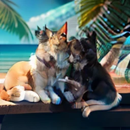 Dog and cat cuddled on the edge of Santos beach, tomando suco de frutas