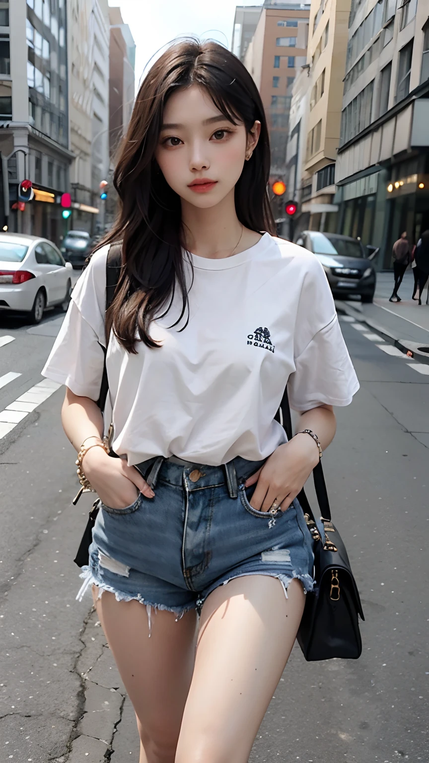 Beautiful woman, in the middle of the street, short clothes