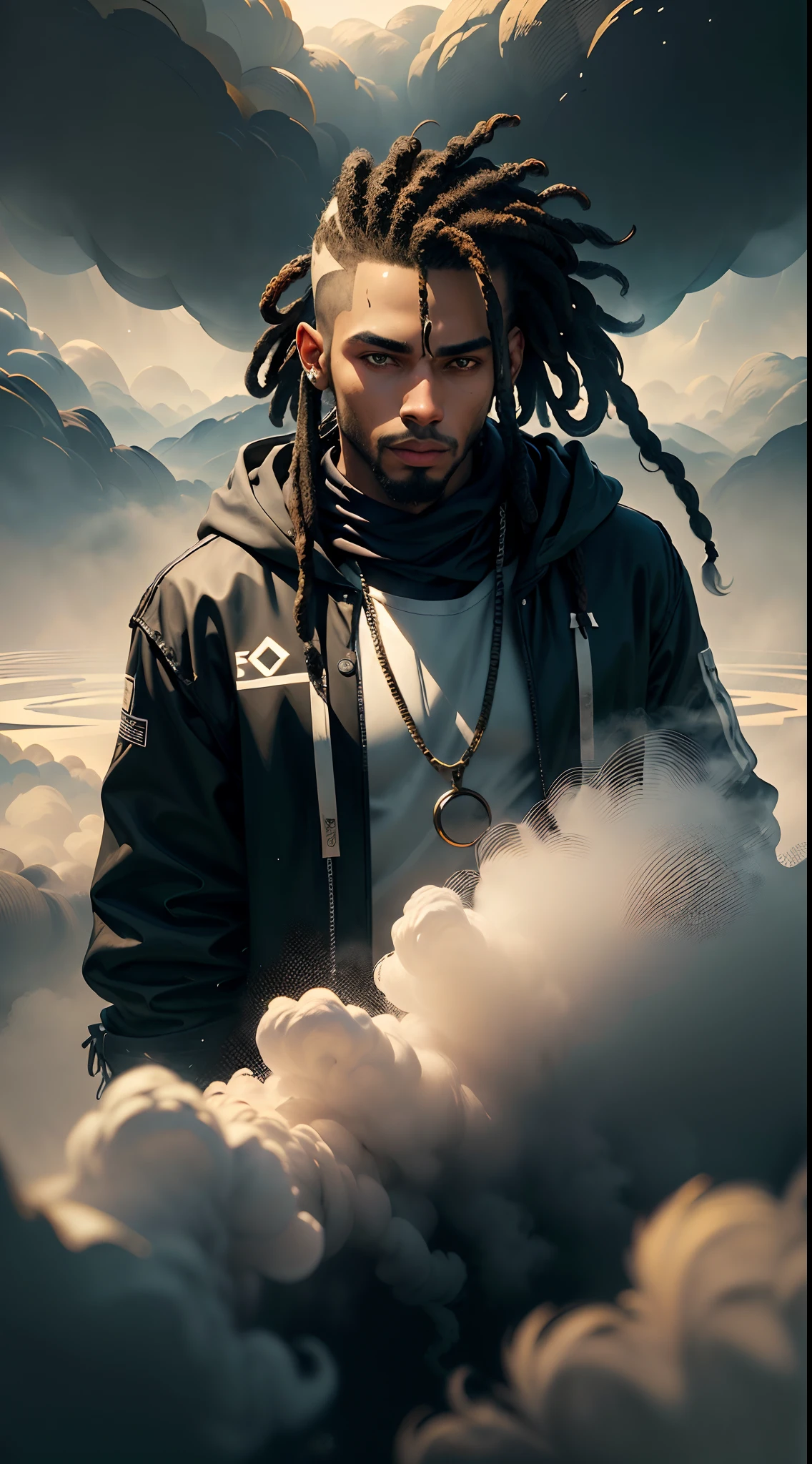 1rapper com cabelo dread, roupa moderna totalmente branca com listras pretas, fog, imagem detalhista e realista, Amazing composition with vintage scenery with abstract shapes, hiper realista, fotografia profissional. pose expressiva