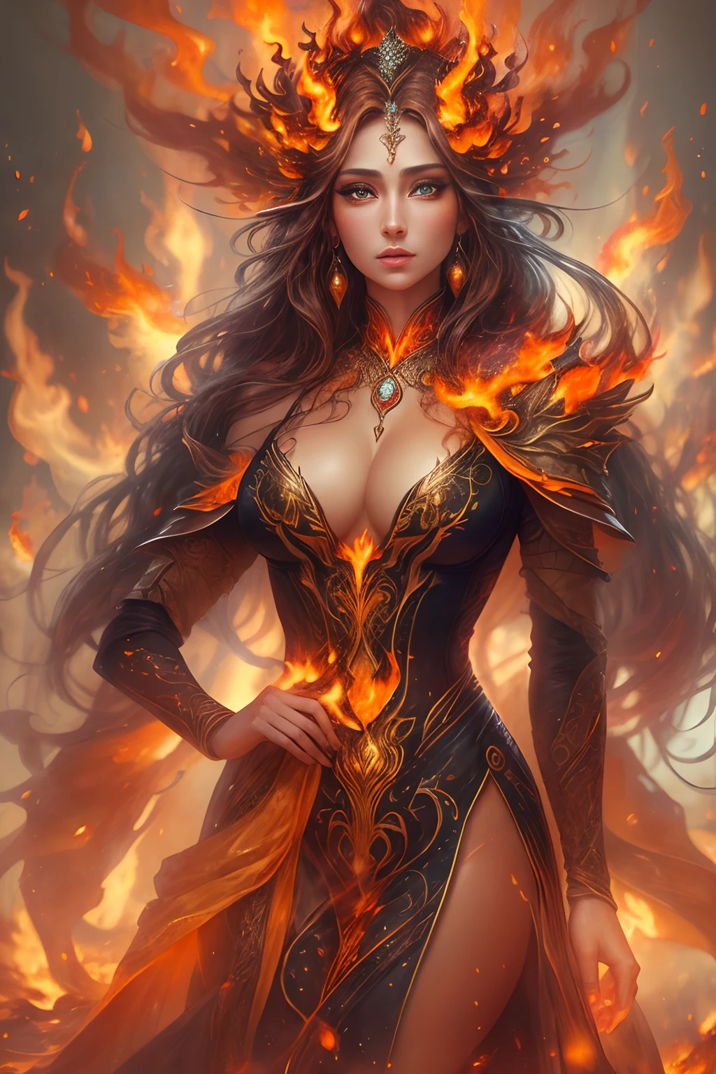 This (realistic fantasy) art contains embers, real flames, real heat, and realistic fire. Generate a masterpiece artwork of a petite female fire druid with large (((orange and gold))) eyes. The fire druid is awe-inspiring with beautiful ((realistic fiery eyes)) alight with confidence and power. Her features are elegant and well defined, with ((soft and puffy lips)), elven bone structure, and realistic shading. Her eyes are important and should be the focal point of this artwork, with ((extremely realistic details, macro details, and shimmer.)) She is wearing a billowing and glittering dress made of realistic flames and jewels that glimmer in the fire light. Wisps of fire and smoke line the intricate bodice of the dress. Include bumps, stones, fiery iridescence, glowing embers, silk and satin and leather, an interesting background, and heavy fantasy elements. Camera: Utilize dynamic composition techniques to enhance the realistic flames.