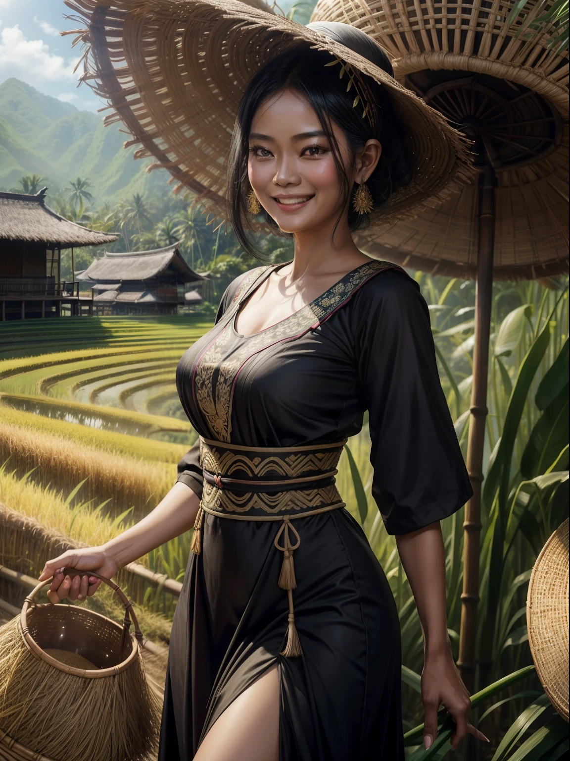 black haired female Indonesian Rice Farmer wears kebaya dress with a happy face and light laugh, nurturing her just about to crop rice at her vast rice field with beautiful voocano background, bamboo hut and bamboo woods, an epic masterpiece hyper realistic digital art of Frank Bellamy, professional color grading by Kenneth Hines Jr. , 80's European Color Comic Style