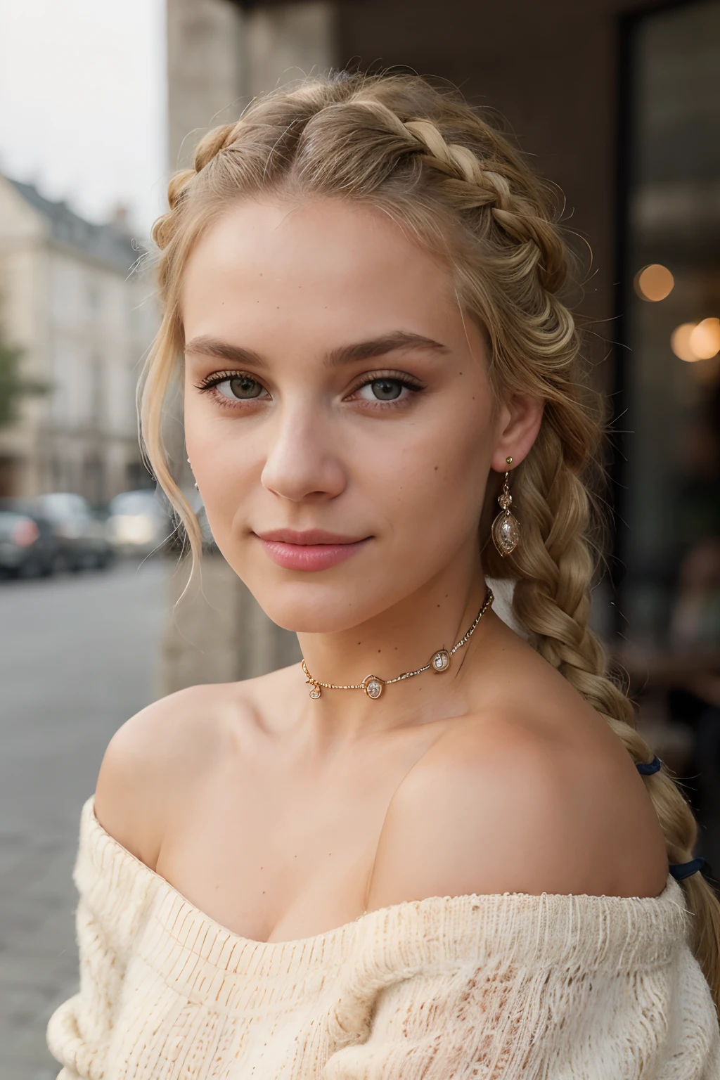 RAW, analog, Nikon Z 85mm, award winning glamour photograph,((best quality)), ((masterpiece)), ((realistic)), 18th century, KarolinaDemy:0.9 piercing eyes, looking straight, very happy, blonde hair, quad braids, wearing an off-shoulder sweater, choker, closeup portrait, in a outdoor cafe in 2015, afternoon light,