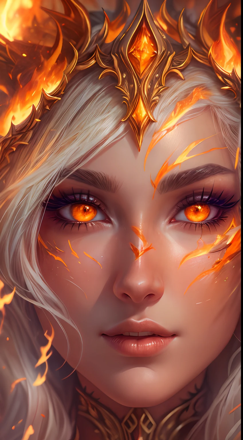 This (realistic fantasy) art contains embers, real flames, real heat, and realistic fire. Generate a masterpiece artwork of a ite female fire druid with large (((orange and gold))) eyes. The fire druid is awe-inspiring with beautiful ((realistic fiery eyes)) alight with confidence and power. Her features are elegant and well defined, with ((soft and puffy lips)), elven bone structure, and realistic shading. Her eyes are important and should be the focal point of this artwork, with ((extremely realistic details, macro details, and shimmer.)) She is wearing a billowing and glittering dress made of realistic flames and jewels that glimmer in the fire light. Wisps of fire and smoke line the intricate bodice of the dress. Include bumps, stones, fiery iridescence, glowing embers, silk and satin and leather, an interesting background, and heavy fantasy elements. Camera: Utilize dynamic composition techniques to enhance the realistic flames.