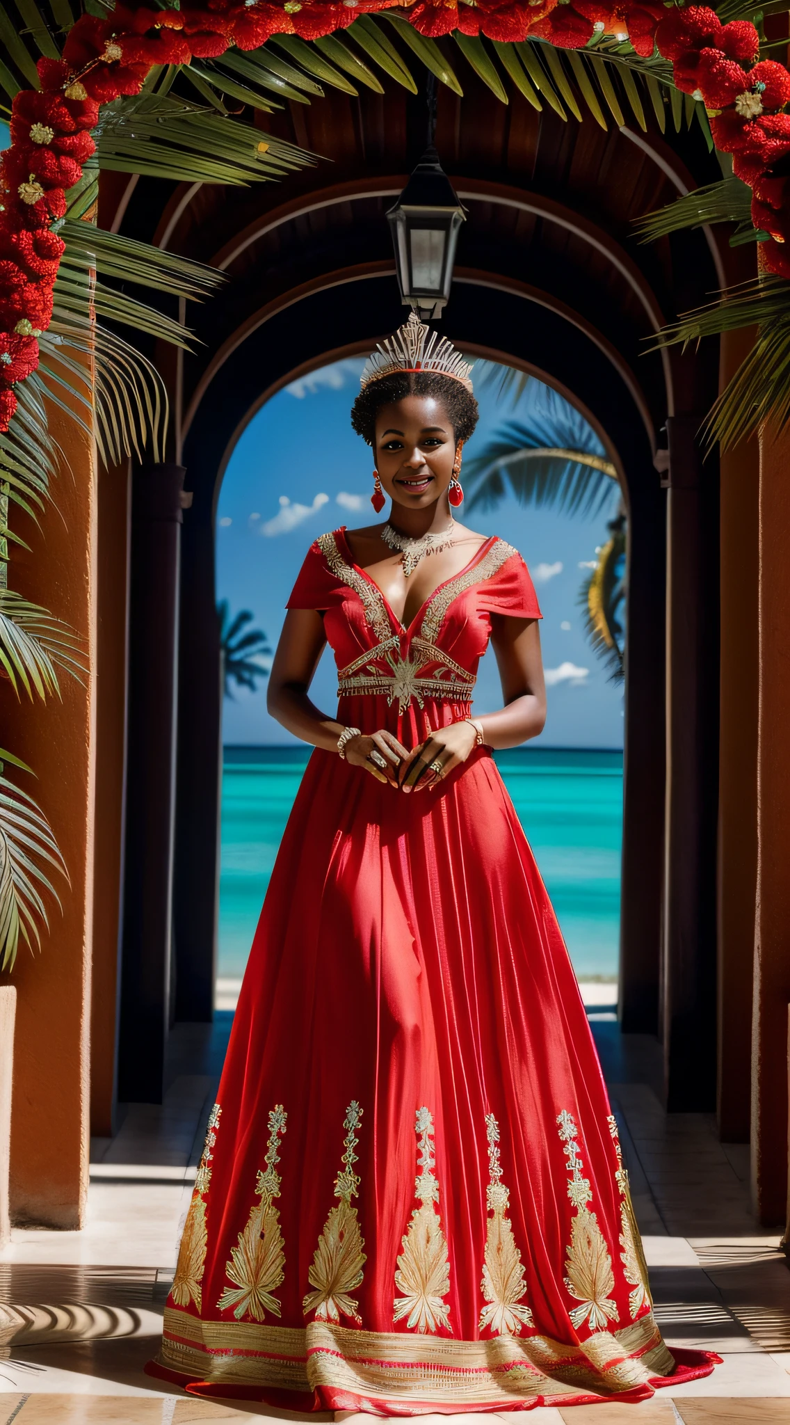 Jovem de 25 anos, cabelos loiros e olhos azuis, Enjoy the tropical paradise. Seu robe de seda vermelha, adornado com detalhes brancos intrincados, it surrounds her as a piece worthy of royalty, adding a touch of magical beauty to the scene