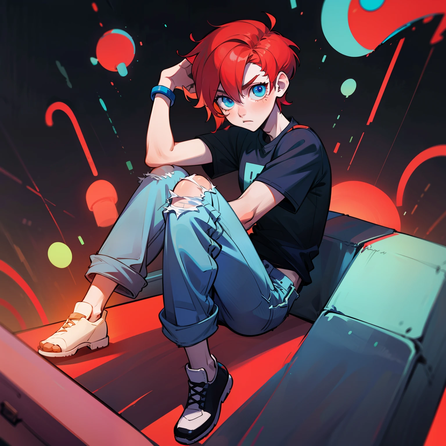 (1 boy), (solo), neon red hair, short hair, pale skin, blue eyes, buff body, strong arms, black shirt, white bands on hands, scar under the left eye, blue jeans, slightly Ripped jeans on the knees, ((high quality)), ((very detailed))