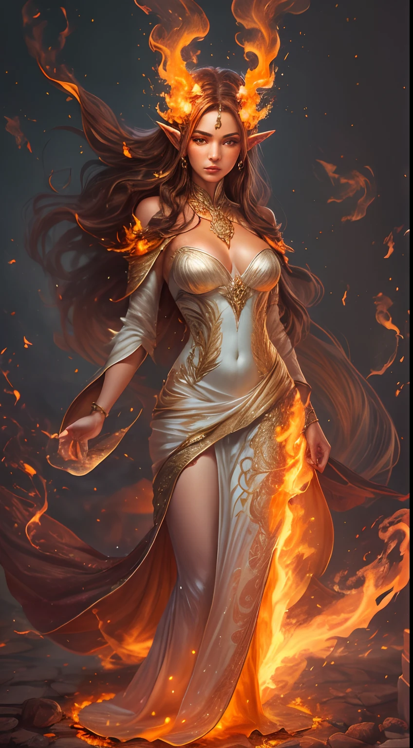 This (realistic fantasy) art contains embers, real flames, real heat, and realistic fire. Generate a masterpiece artwork of a petite female fire druid with large (((orange and gold))) eyes. The fire druid is awe-inspiring with beautiful ((realistic fiery eyes)) alight with confidence and power. Her features are elegant and well defined, with ((soft and puffy lips)), elven bone structure, and realistic shading. Her eyes are important and should be the focal point of this artwork, with ((extremely realistic details, macro details, and shimmer.)) She is wearing a billowing and glittering dress made of realistic flames and jewels that glimmer in the fire light. Wisps of fire and smoke line the intricate bodice of the dress. Include bumps, stones, fiery iridescence, glowing embers, silk and satin and leather, an interesting background, and heavy fantasy elements. Camera: Utilize dynamic composition techniques to enhance the realistic flames.