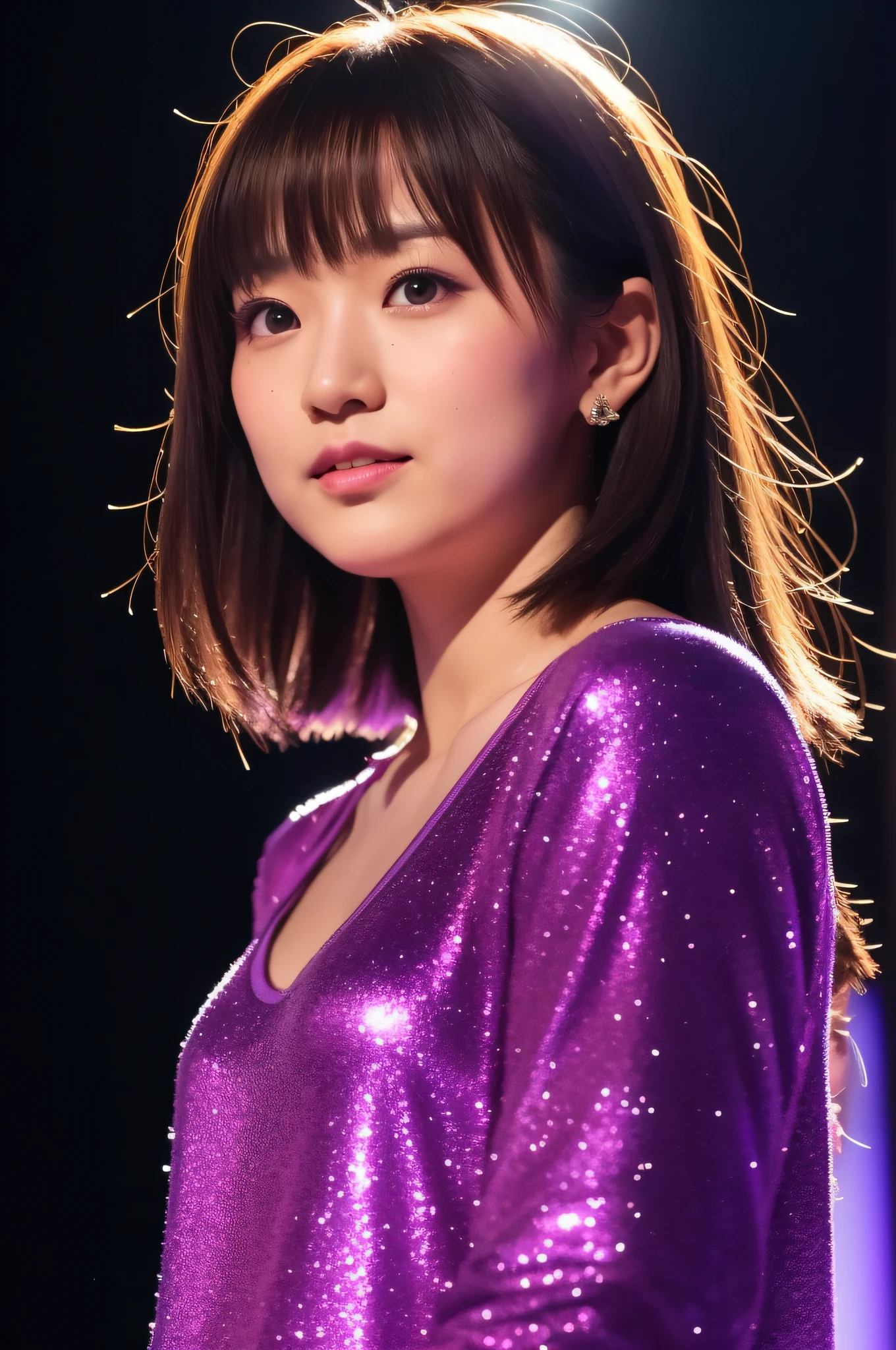 A close-up shot of Kamei Eri from Morning Musume during a live performance. She's adorned in a shimmering purple attire, her face expressing the passion and emotion of the song. The backdrop is a blur of stage lights and audience members, creating a bokeh effect. Medium: digital photography. Style: ultra-detailed, emphasizing the intricacies of her facial features and the glint in her eyes. Lighting: soft front lighting with a hint of backlight to create a halo effect. Colors: deep purples and contrasting stage lights. Composition: Nikon D850, Nikkor 85mm f/1.4G lens, Resolution 45.7 megapixels, ISO sensitivity: 25,600, Shutter speed 1/200 second. --ar 16:9 --v 5.1 --style raw --q 2 --s 750
