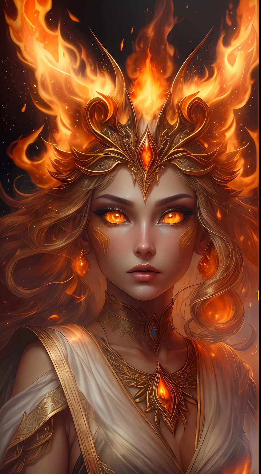 This (realistic fantasy) art contains embers, real flames, real heat, and realistic fire. Generate a masterpiece artwork of a petite female fire druid with large (((orange and gold))) eyes. The fire druid is awe-inspiring with beautiful ((realistic fiery eyes)) alight with confidence and power. Her features are elegant and well defined, with ((soft and puffy lips)), elven bone structure, and realistic shading. Her eyes are important and should be the focal point of this artwork, with ((extremely realistic details, macro details, and shimmer.)) She is wearing a billowing and glittering dress made of realistic flames and jewels that glimmer in the fire light. Wisps of fire and smoke line the intricate bodice of the dress. Include bumps, stones, fiery iridescence, glowing embers, silk and satin and leather, an interesting background, and heavy fantasy elements. Camera: Utilize dynamic composition techniques to enhance the realistic flames.