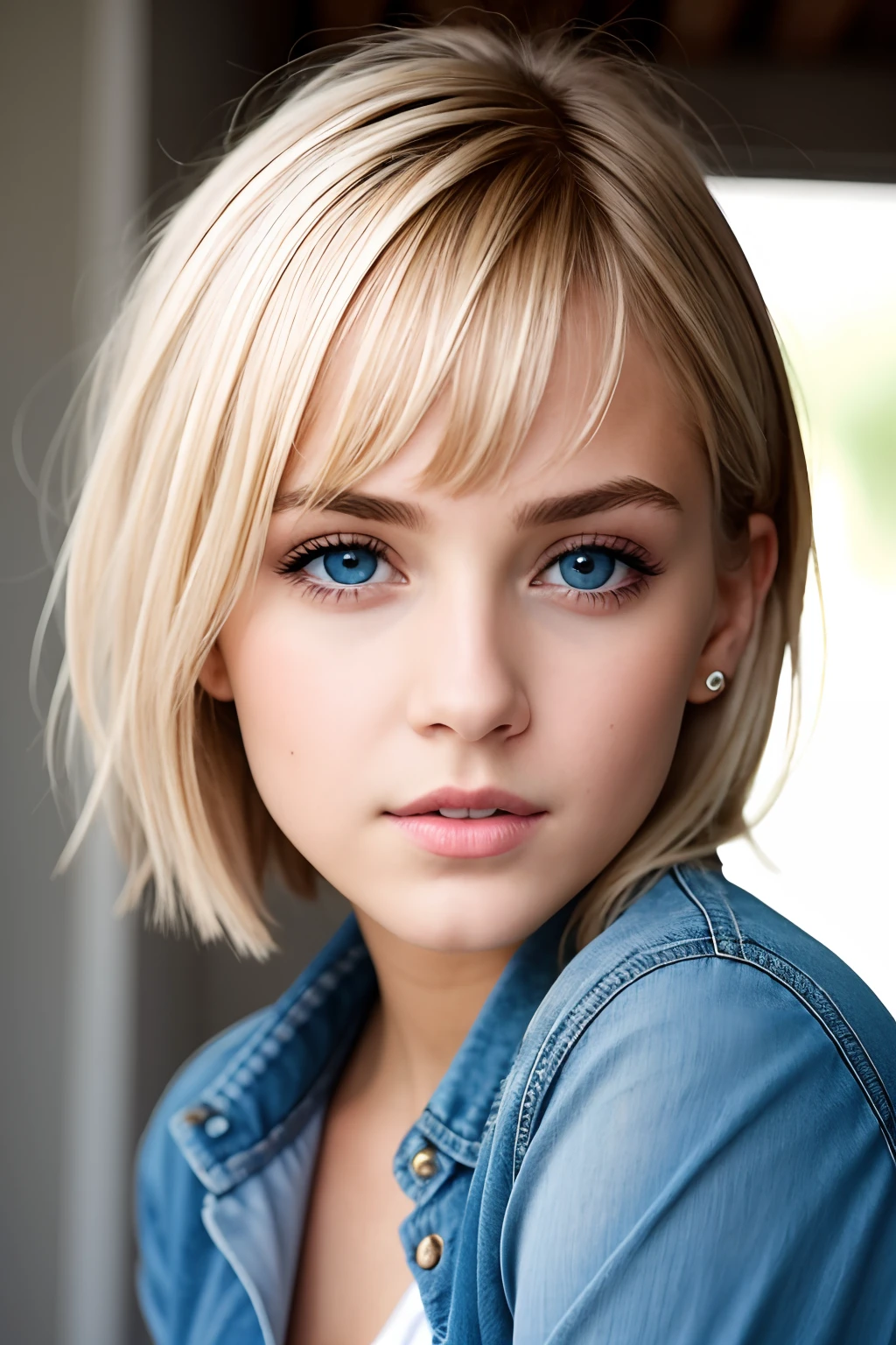 photo of young girl, modelshoot style, dirty blonde hair, short hair,  (looking at viewer:1.2), (detailed pupils:1.3), (natural light), (seductive), [: (film grain, 25mm, f/1,2, DoF, bokeh, beautiful face, ultra detailed skin, perfect sparkling eyes, skin pores, vellus hair, muscle tone and definition, fabric stitching, fabric texture, wood grain, stone texture, well defined pupils, prominent limbal ring, high contrast eyes, finely detailed features:0.7):0.7]