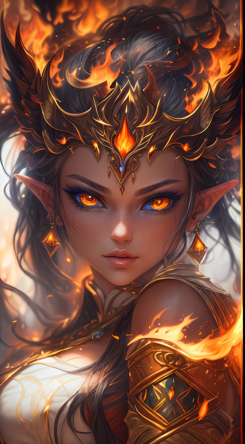 This (realistic fantasy) art contains embers, real flames, real heat, and realistic fire. Generate a masterpiece artwork of a petite female fire druid with large (((orange and gold))) eyes. The fire druid is awe-inspiring with beautiful ((realistic fiery eyes)) alight with confidence and power. Her features are elegant and well defined, with ((soft and puffy lips)), elven bone structure, and realistic shading. Her eyes are important and should be the focal point of this artwork, with ((extremely realistic details, macro details, and shimmer.)) She is wearing a billowing and glittering dress made of realistic flames and jewels that glimmer in the fire light. Wisps of fire and smoke line the intricate bodice of the dress. Include bumps, stones, fiery iridescence, glowing embers, silk and satin and leather, an interesting background, and heavy fantasy elements. Camera: Utilize dynamic composition techniques to enhance the realistic flames.