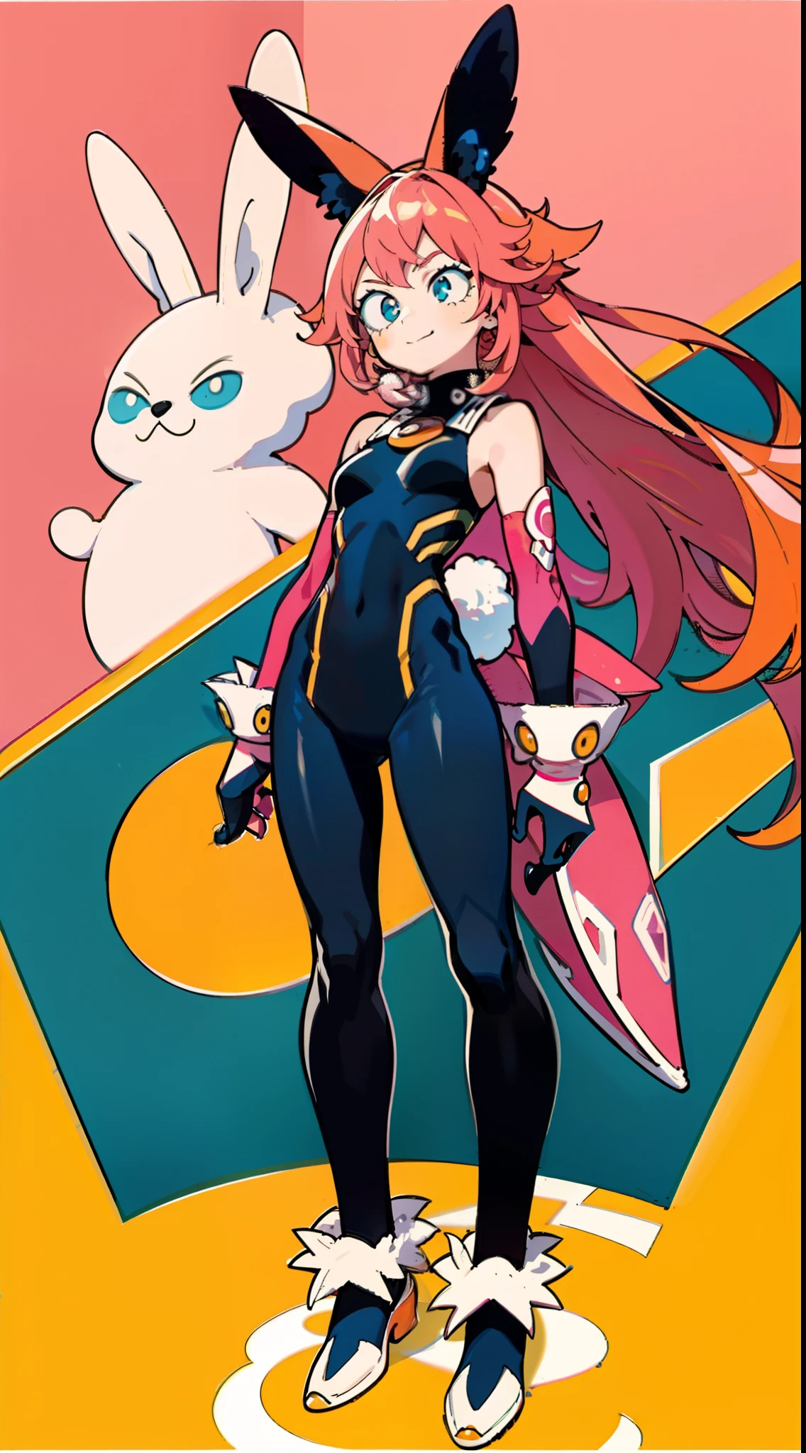 (masterpiece:1.2, best quality), tsuka kendou, 1woman, cute face, determand look, smile, long legs, full body, adult mature female (spiky orange-pink hair, (orange-pink mullet 1.1)), (very long hair), blue eyes, (white/yellow pupil,) hero, sleeveless blue spandex bodysuit, long orange-pink rabbit ears, standing in an oasis background, village