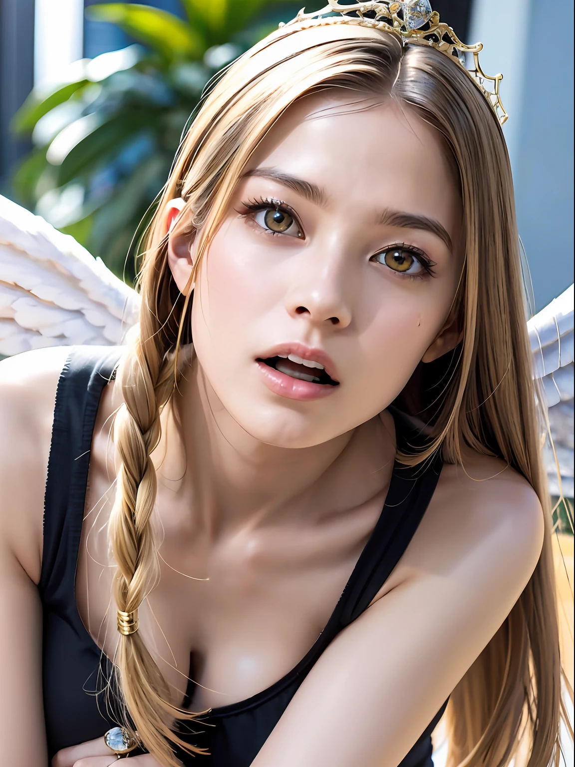 Ultra-detailed complex 3D rendering of the face, (Colossal: 8.8), (masterpiece, top quality, octane rendering, 8K), glamour shot full body image, cleavage, (highly detailed skin: 1.2), (exposure: 1.1), (blonde), (wearing a plummet tank top of gold silk: 1.5)), blonde hair, beautiful Caucasian woman with full soft breasts and white skin, one with big ass, long braided hair, big breasts, dynamic angle, mystical expression, ultra-realistic photography, (((((portrait))), bare feet, futuristic city background, facial muscles, detailed and beautiful queen tiara, in the style of Marvel Comics, clear focus, studio photography, intricate details, highly detailed, detailed yellow eyes, sharp focus, digital rendering, professional, abs, ((((sexy pose))), natural jungle, open mouth lightly, mansle, open crotch, seductive look, angel ring, detailed angel wings, angel ring, detailed mouth inside,