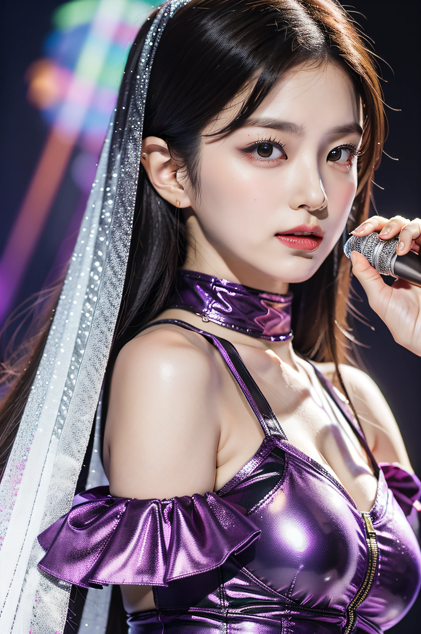 A close-up shot of Kamei Eri from Morning Musume during a live performance. She's adorned in a shimmering purple attire, her face expressing the passion and emotion of the song. The backdrop is a blur of stage lights and audience members, creating a bokeh effect. Medium: digital photography. Style: ultra-detailed, emphasizing the intricacies of her facial features and the glint in her eyes. Lighting: soft front lighting with a hint of backlight to create a halo effect. Colors: deep purples and contrasting stage lights. Composition: Nikon D850, Nikkor 85mm f/1.4G lens, Resolution 45.7 megapixels, ISO sensitivity: 25,600, Shutter speed 1/200 second. --ar 16:9 --v 5.1 --style raw --q 2 --s 750