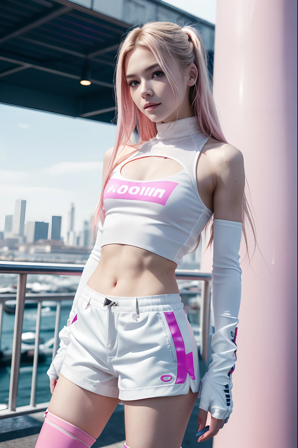 (solo), (a detailed full body RAW photo of a girl), (masterpiece:1.0), (best quality:1.4), (ultra highres:1.2), (photorealistic:1.4), 8k resolution, Canon EOS R5, 50mm, absurdres, ultra detailed, (18yo), sharp focus, cinematic lighting, detailed beautiful face, (ulzzang-6500-v1.1), petite figure, detailed skin texture, pale skin, flat chest, (pale :0.5), (skinny and fit body:1.3), detailed long blond hair, messy hair, (Avril Lavigne:0.7), smiling, (futuristic fashion, streetwear, high-tech fabrics, fireproof material, shorts, elbow and knee pads, racing gloves:1.1), contrapposto, (Kpop idol), (azur lane\), cityscape, outdoors, ((white+pink theme)),