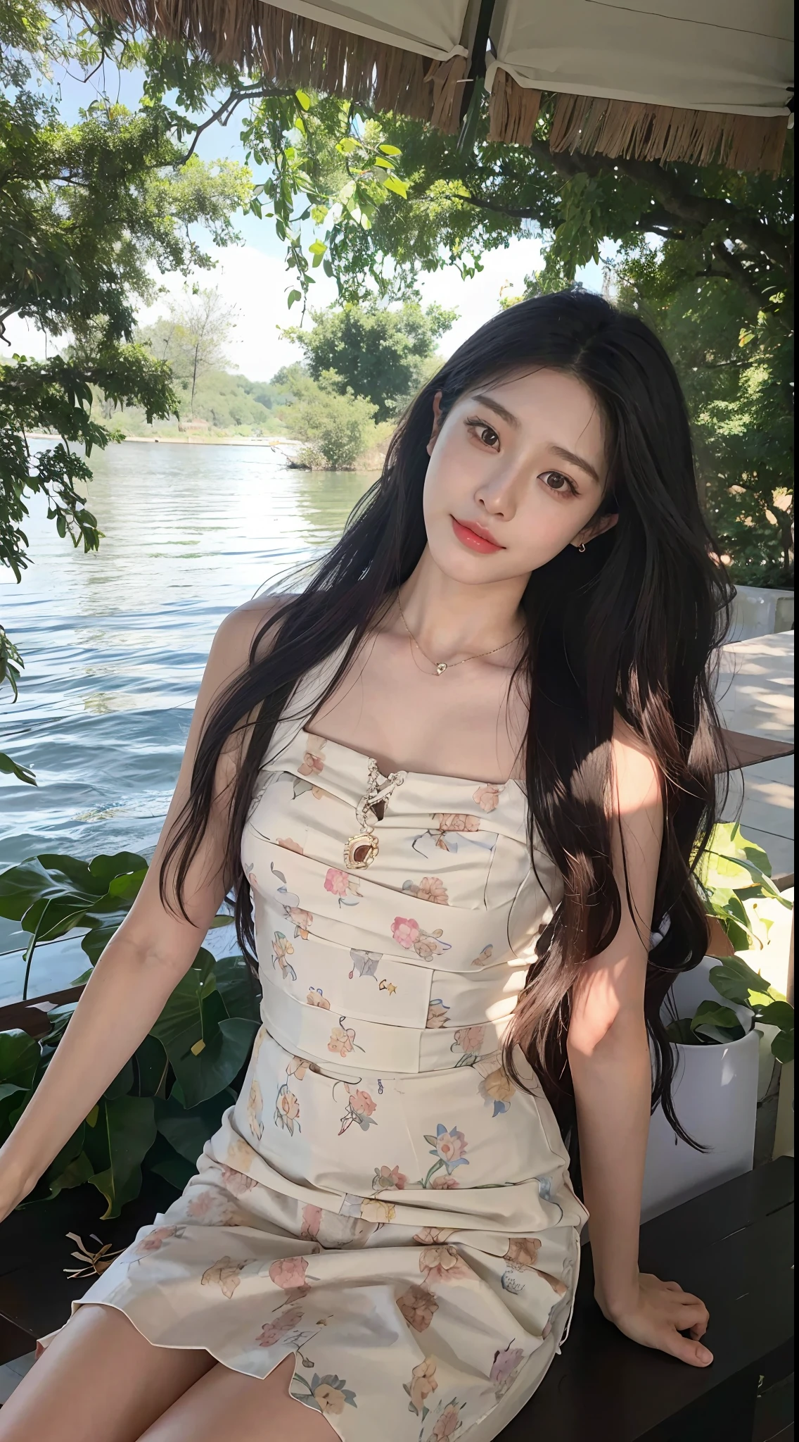 Arakfi woman sitting on a bench by the water in a skirt, bae suzy, With long hair, ulzzangs, Shin Jinying, beautiful Korean women, she is about 1 , Gorgeous young Korean woman, jaeyeon nam, Beautiful young Korean woman, her face looks like an orchid, dilraba dilmurat, beautiful pretty young