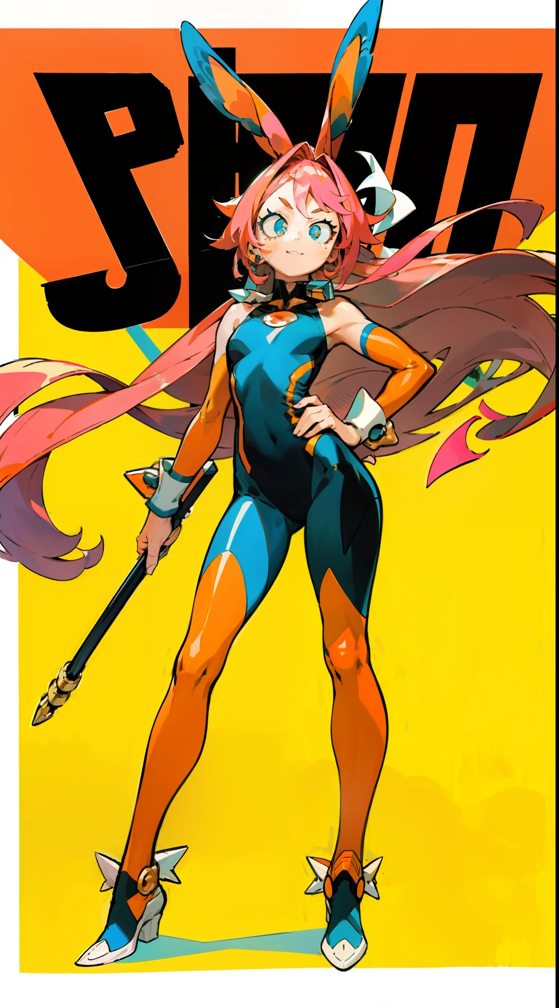 (masterpiece:1.2, best quality), tsuka kendou, 1woman, cute face, determand look, smile, long legs, full body, adult mature female (spiky orange-pink hair, (orange-pink mullet 1.1)), (very long hair), blue eyes, (white/yellow pupil,) hero, sleeveless blue spandex bodysuit, long orange-pink rabbit ears, standing in an oasis background, village