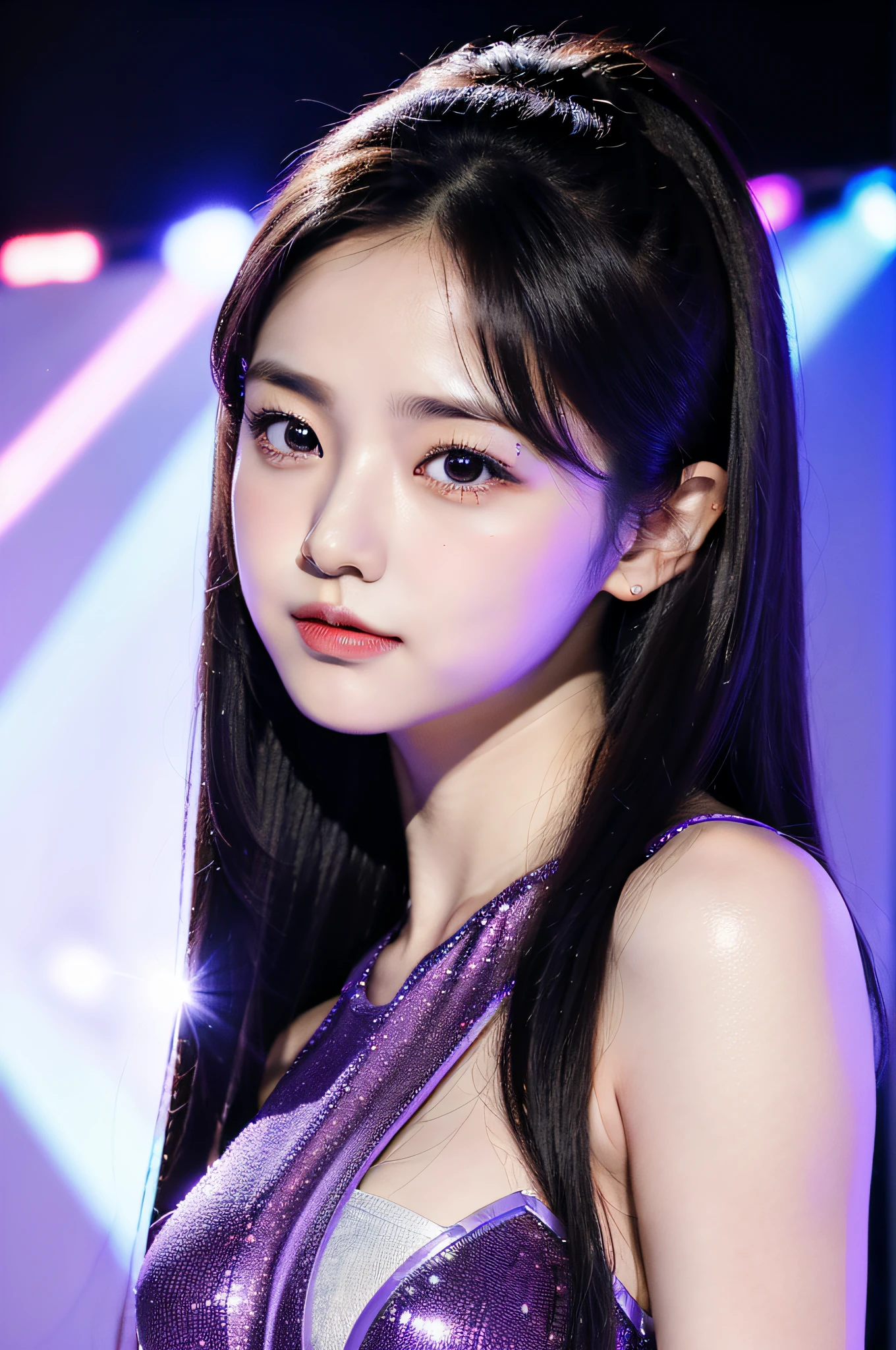 Close-up shot of Eri Kamei from Morning Musume during a live performance. She is adorned with a shimmering purple outfit, Her face expresses the passion and emotion of the song. The background is stage lighting and audience blur, Create a bokeh effect. Medium: digital photo. Style: Ultra-detailed, Emphasizes the complexity of her facial features and the sparkle in her eyes. Lighting: Soft front lighting with backlight tips to create a halo effect. Colors: Dark purple and contrasting stage lights. Composition: Nikon D850, Nikkor 85mm f/1.4G lens, Resolution 45.7 megapixels, ISO sensit: 25,600, Shutter Speed 1/200 second. --ar 16:9 - V5.1 --Style raw --Q 2 --S 750