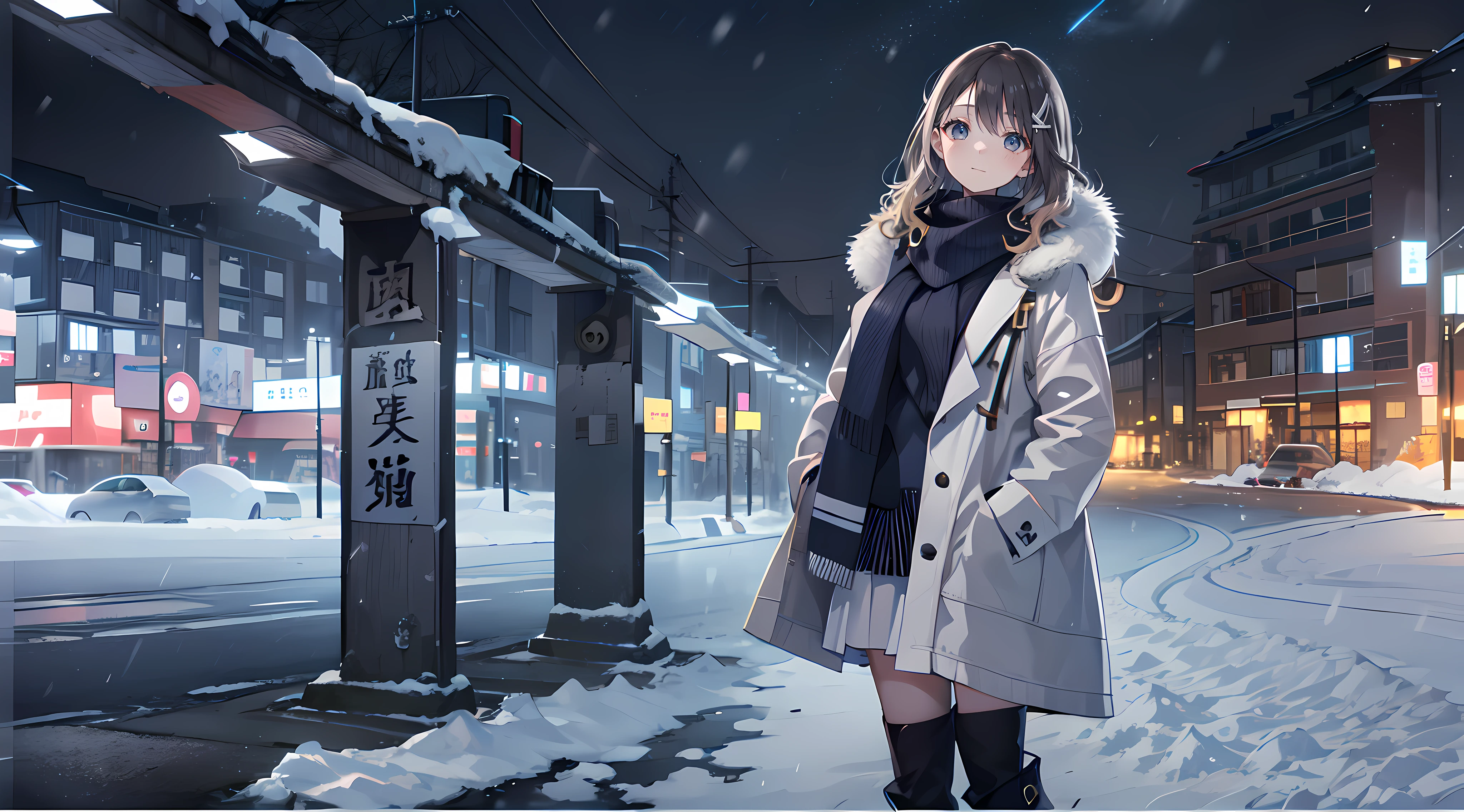 1girl, photoshoot girl at japan during winter at night, wear stylish and warm outfit, wear a long skirt, with a warm expression on her face, full body photoshoot, both hand in the pocket, wavy hair, outfit color dominant gray and white