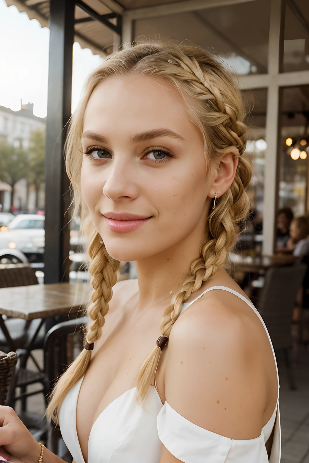 award winning glamour photograph,((best quality)), ((masterpiece)), ((realistic)), piercing eyes, looking straight, very happy, blonde hair, quad braids, in a outdoor cafe, afternoon light,