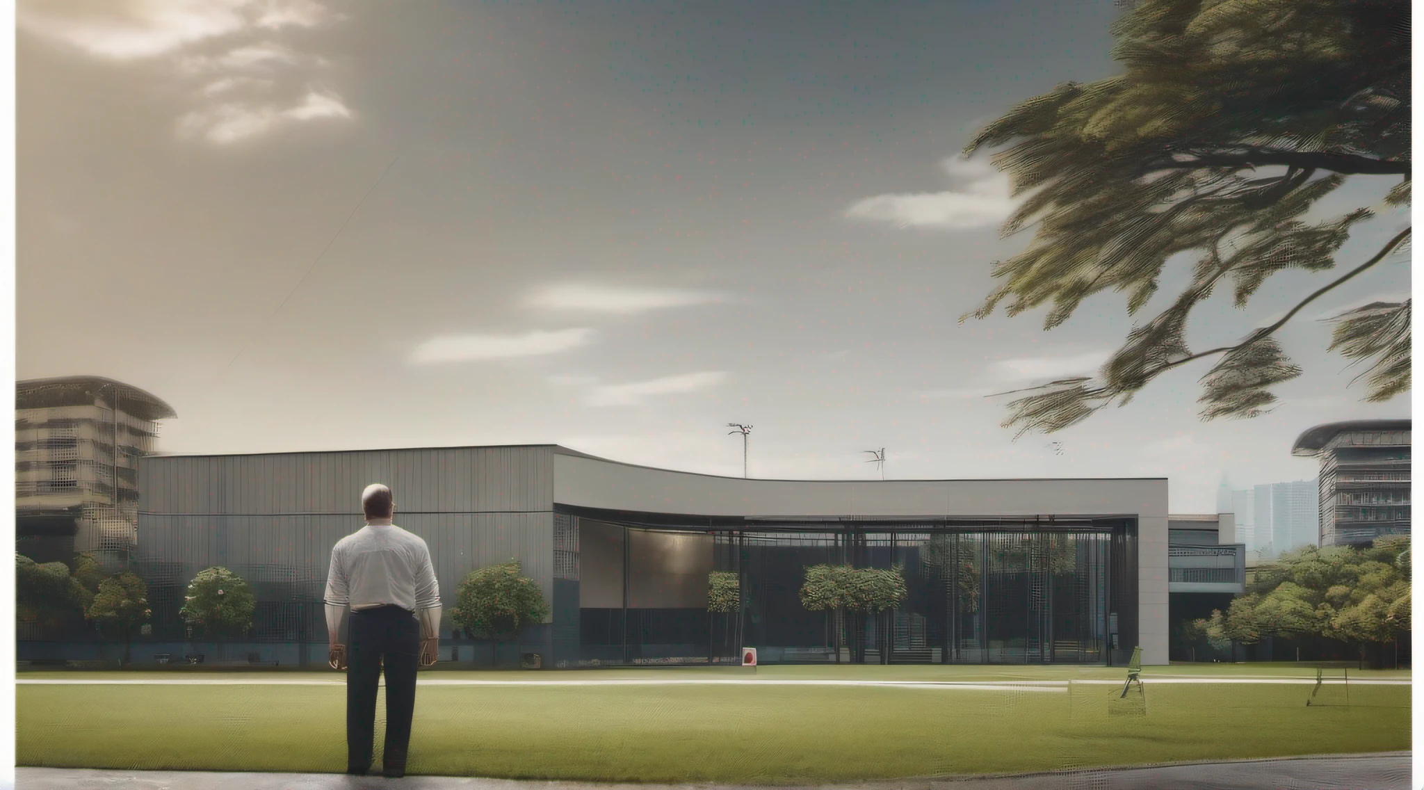 Strong man, 50 years old, observing the training ground, square with ample space and well grass, sunny day, professional photographic plan, hyper realistic, award-winning photo, magazine cover, photography award, high definition, cinematic lighting, 16K