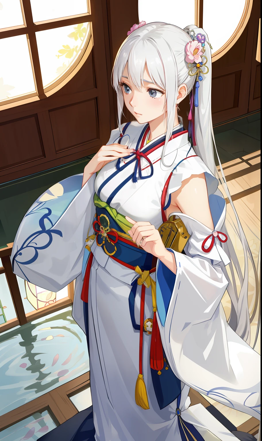 exquisite floral pattern, traditional lantern, clear pond,
(View from above, birdseye view, ultra wide lens),
(2girls, sisterhood, Mother and daughter, plump hips, Smooth shoulders, Graceful figure:1.1),  (Japanese dress, Samurai costume, Casual clothing, Detached sleeves,)
(chromatic abberation, light and shadows, High quality, Beautiful, informative, nffsw, delicate wallpaper, Realistic, Colorful:1.2), (inside or outside, transparent windows, sunlight on the courtyard),
(white_hair or silver_hair, long_hair, hime_cut, hair_ornament detached, single ponytail,),(Elegant, Ashamed, Shy, Nobility:1.4), 
(Fancy_Dress, Lace, bow ribbon, Dress, Long gloves, Long stockings, shoes, Necklace, earrings, the ring, Jewelry:0.8),
 nice hand, Perfect hands,
