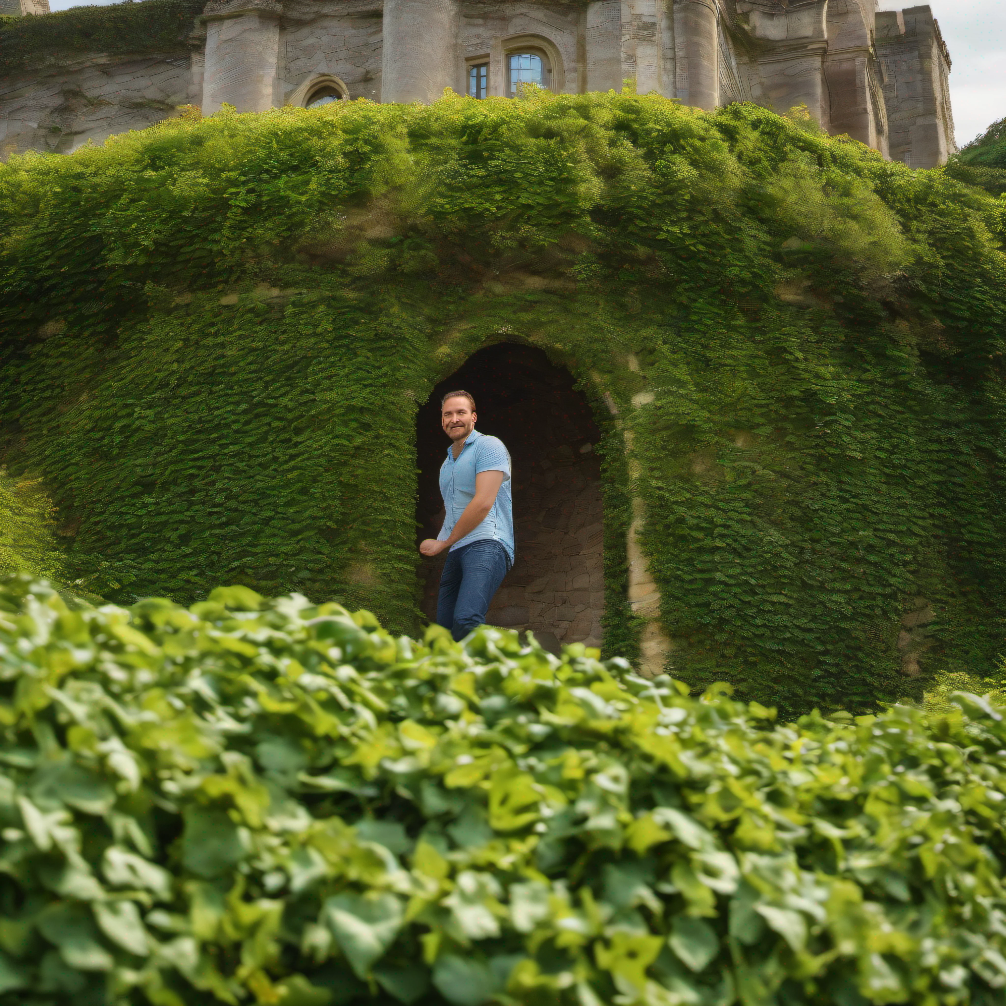 A good-looking man Climbing the green slope of A labyrinth made of ivy in a beautiful garden of a fabulous castle located on the top of a wooded cliff. Canon RF 85mm f/1.2L USM, Ultra realista, realista, foto realista