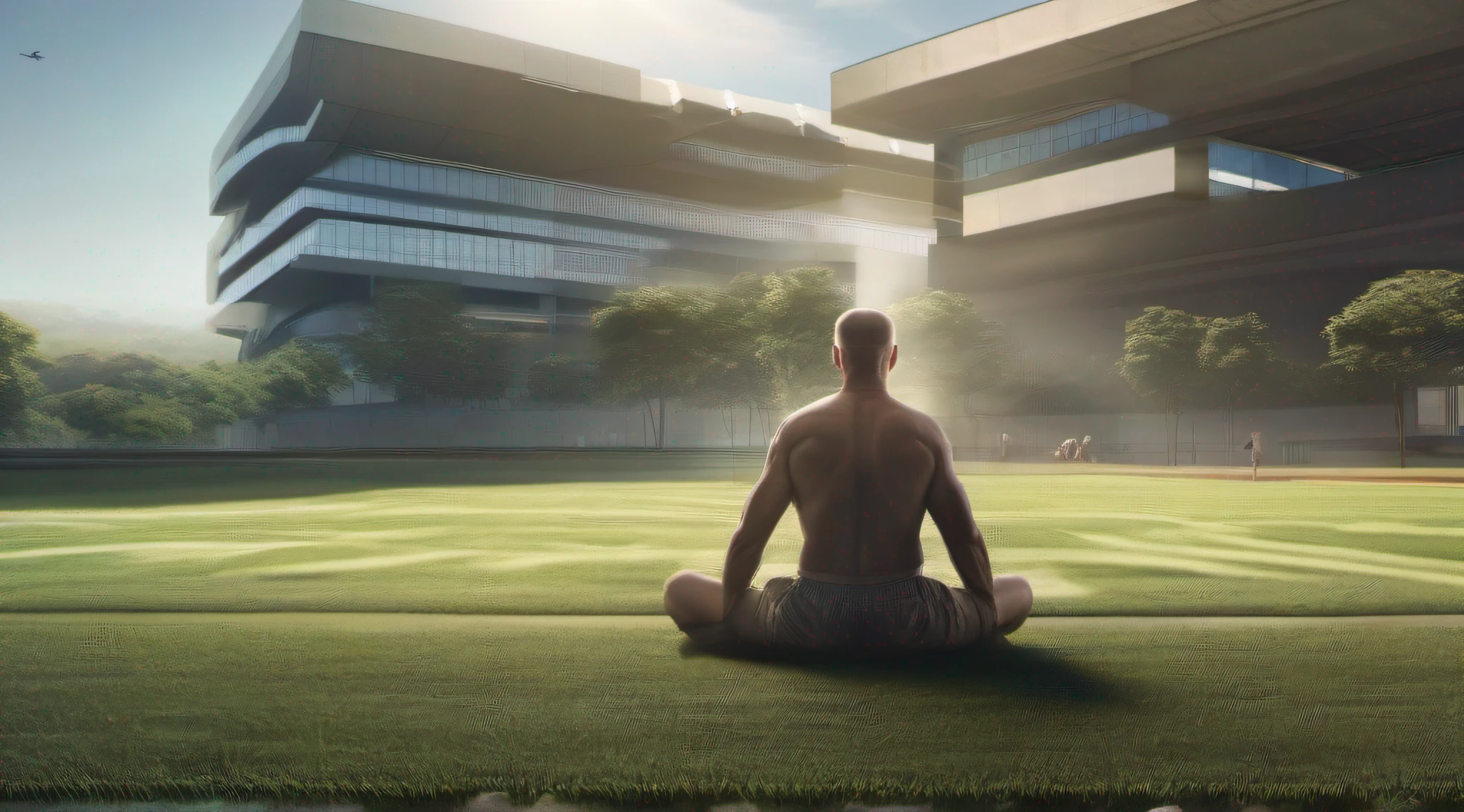 Strong man, 50 years old, observing the training ground, square with ample space and well grass, sunny day, professional photographic plan, hyper realistic, award-winning photo, magazine cover, photography award, high definition, cinematic lighting, 16K