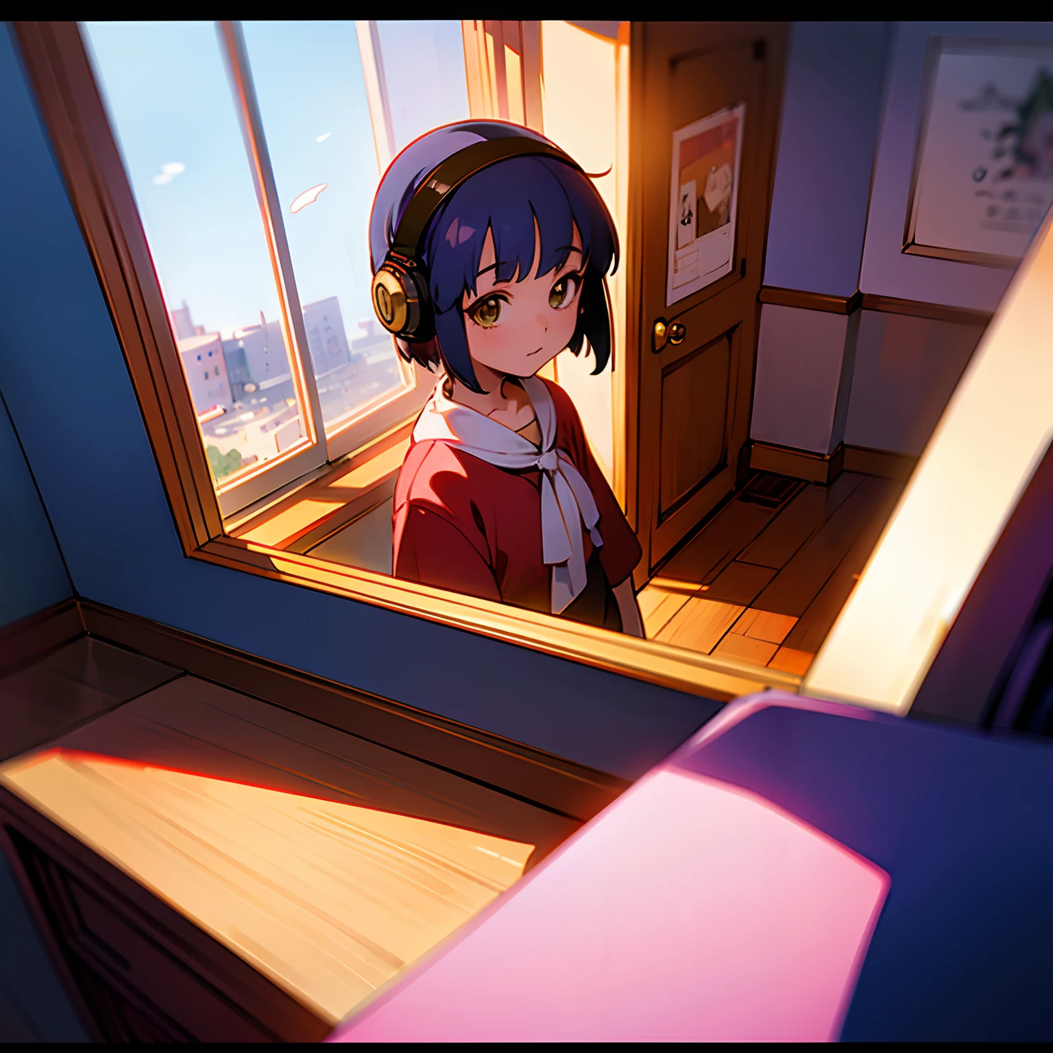 Ghibli, anime, girl, own room, headphones, twilight, high quality, 4K, 8K, more
