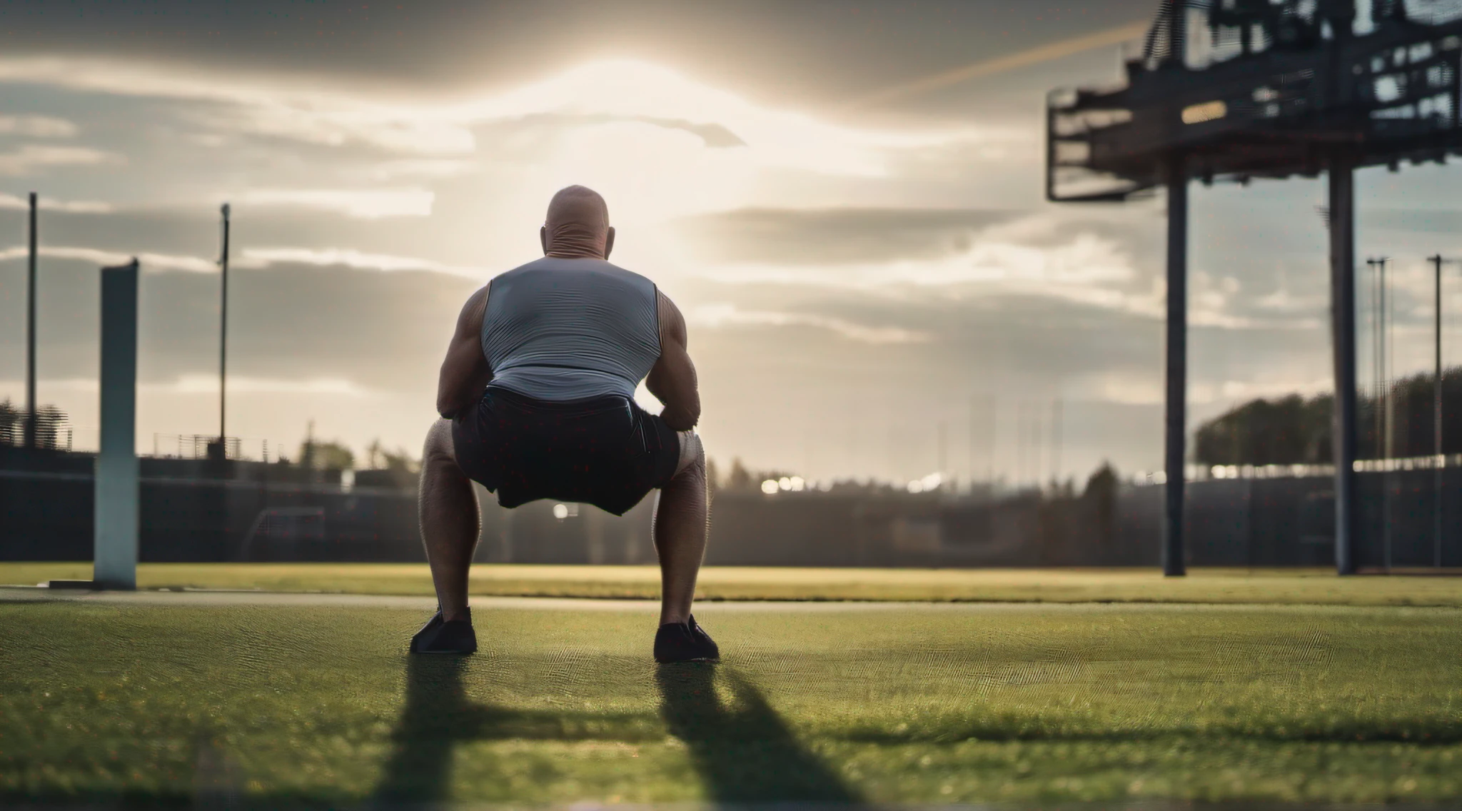 Strong man, 50 years old, observing the training ground, square with ample space and well grass, sunny day, professional photographic plan, hyper realistic, award-winning photo, magazine cover, photography award, high definition, cinematic lighting, 16K