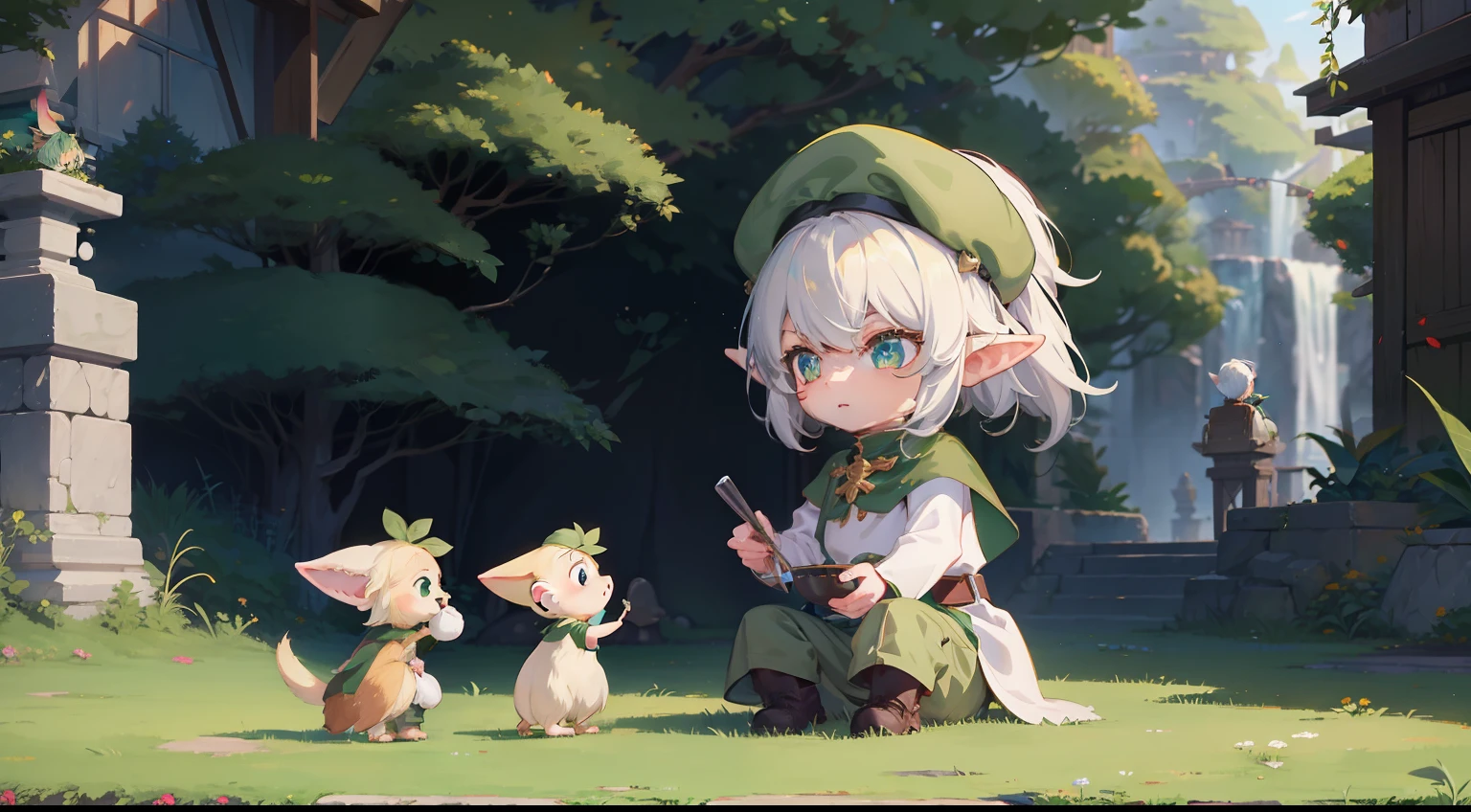 Green food court with white fur!!, Boy in big green military cap!!, Elf Boy!!, lalafell, Little Elf Boy, Little Elven Prince, made with anime painter studio, Little Shota Boy, guweiz, Pet weasel!!, One person!!, overlooks