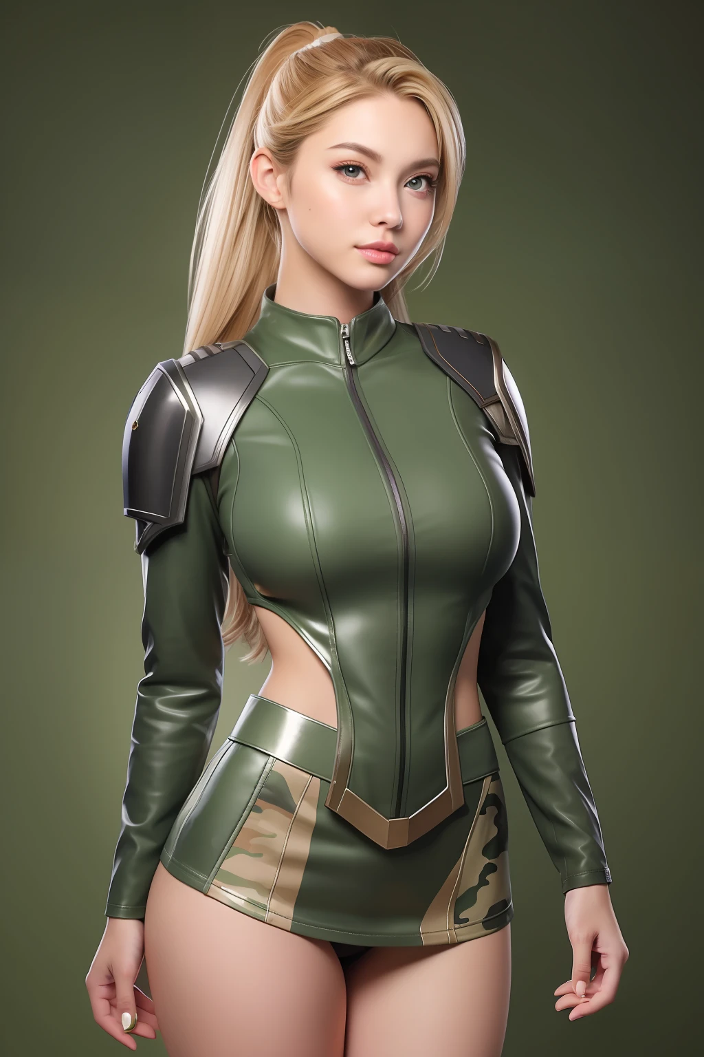 Beautiful Face Woman、a blond、Green camouflage pattern background、 Beautuful Women、18year old、prety woman、hyper realistic photography、High-definition photos、red lipsticks、Mandalorian style miniskirt suit in metal armor、The skin is not very exposed、Do not cut your head off the screen、Camouflage skirt、Facing the front、beutiful breast、tight skirts、poneyTail