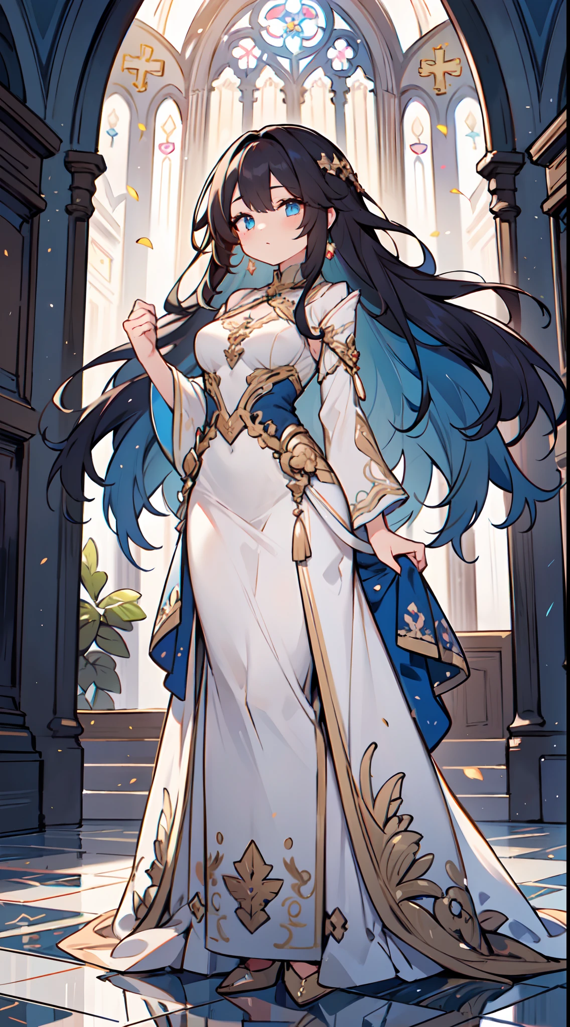 "A stunningly beautiful girl with flowing hair and captivating eyes, dressed in an exquisite floor-length gown embellished with intricate floral designs, poised gracefully within the resplendent grandeur of a cathedral."