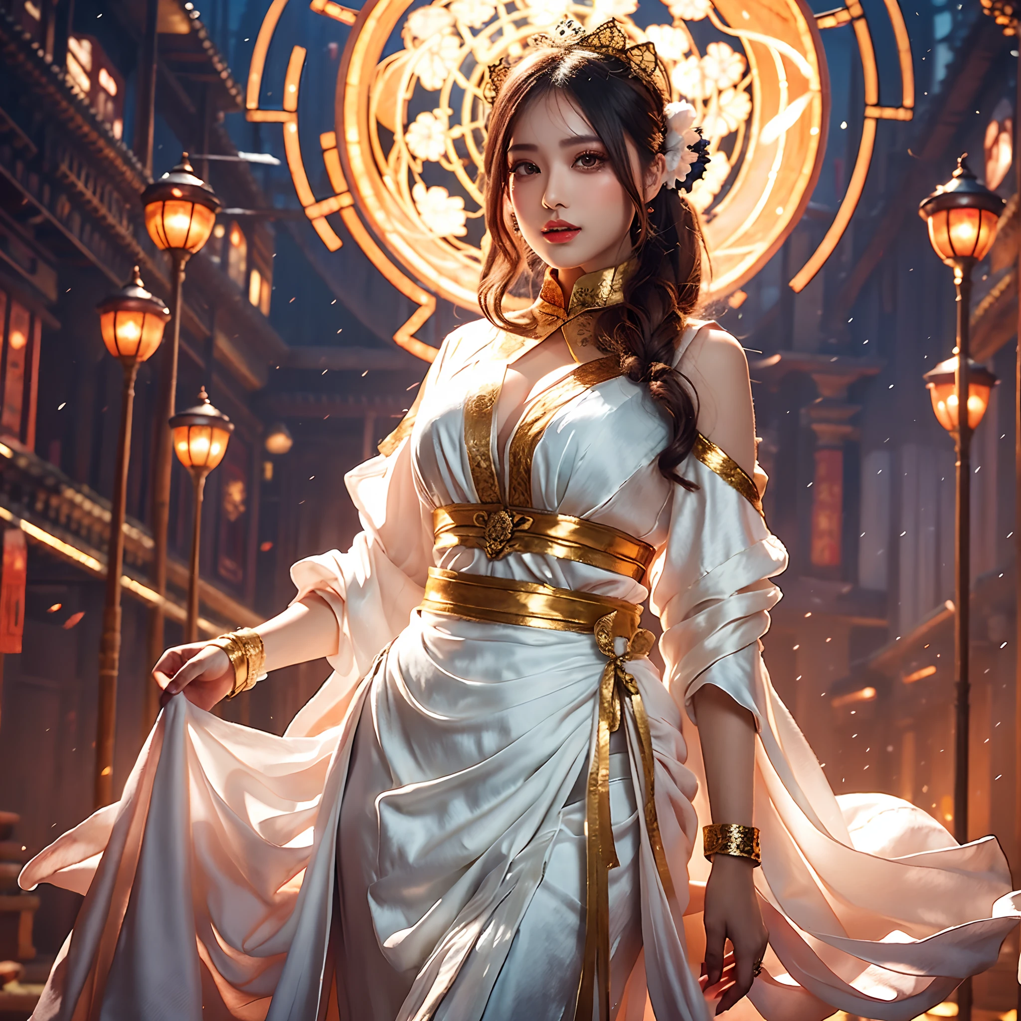 Art depicts a charming woman，Dressed in a flowing manner、Silky traditional oriental dress，Decorated with intricate patterns and bright colors。Her dress draped elegantly over her curvy figure，Highlights her seductive silhouette。She stood gracefully in the quiet moonlit night，bathed in the soft glow of the moonlight。The scene exudes an ethereal and dreamy atmosphere，The image style incorporates watercolor and digital illustration techniques，It evokes a refined beauty and charm。The lights are filled with soft moonlight，casting soft highlights and shadows on her charming features。