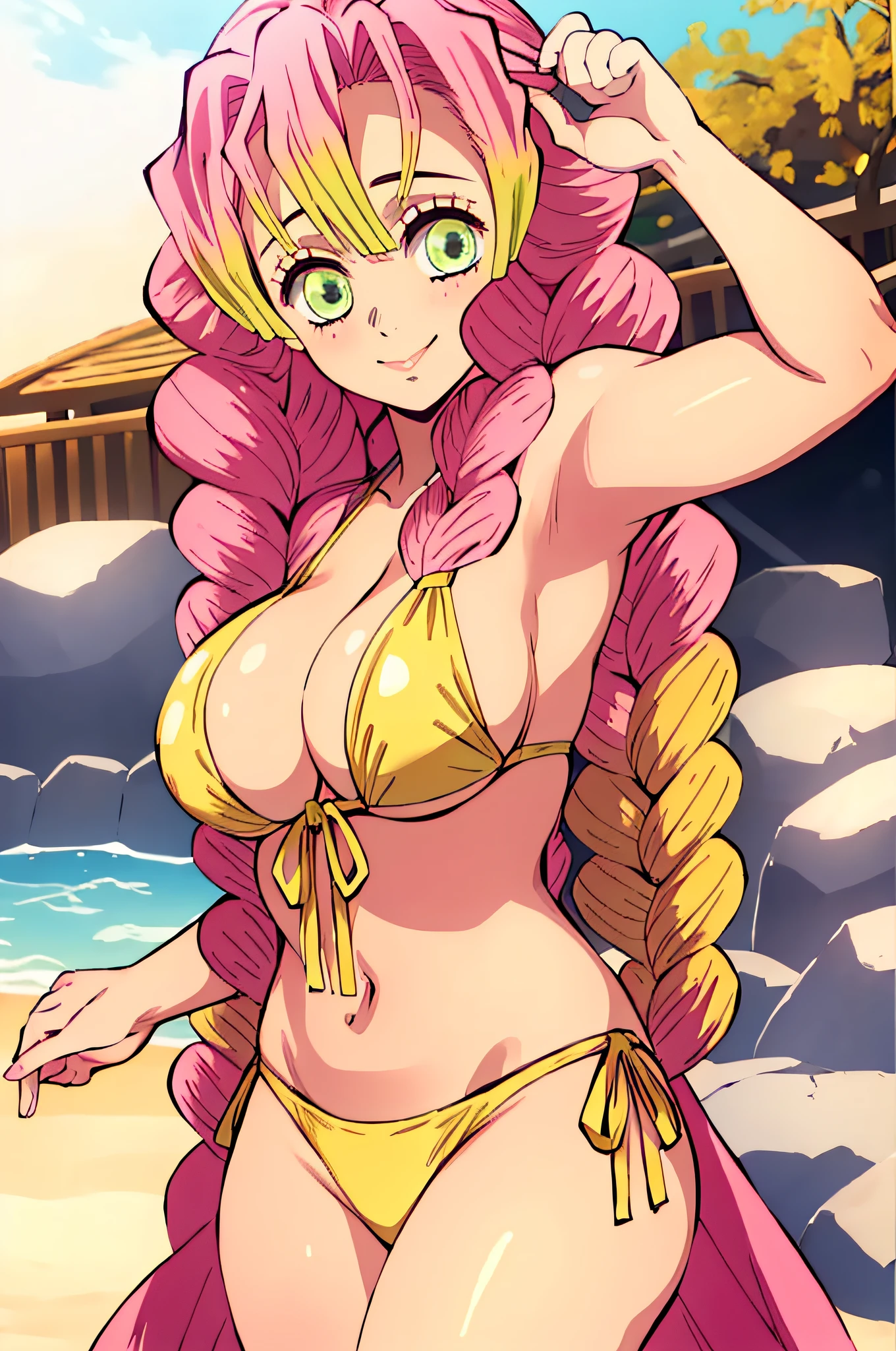 (obra maestra, mejor calidad), 1chica, MitsuriKanroji, deslumbrante, sonrisa, bikini, playa, breast, armpits