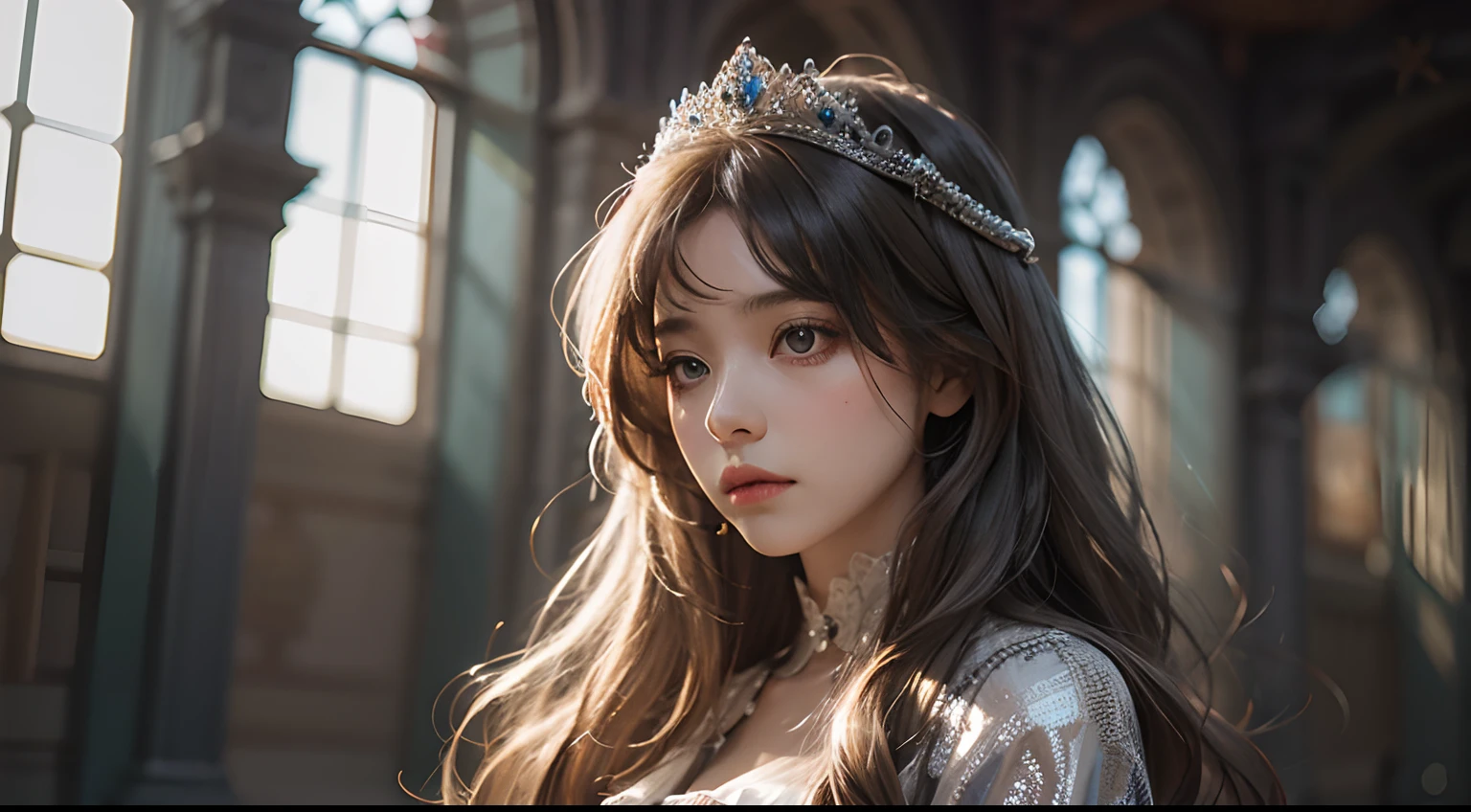 Princesa hermosa de cabello plateado misteriosa y solitaria mirada triste