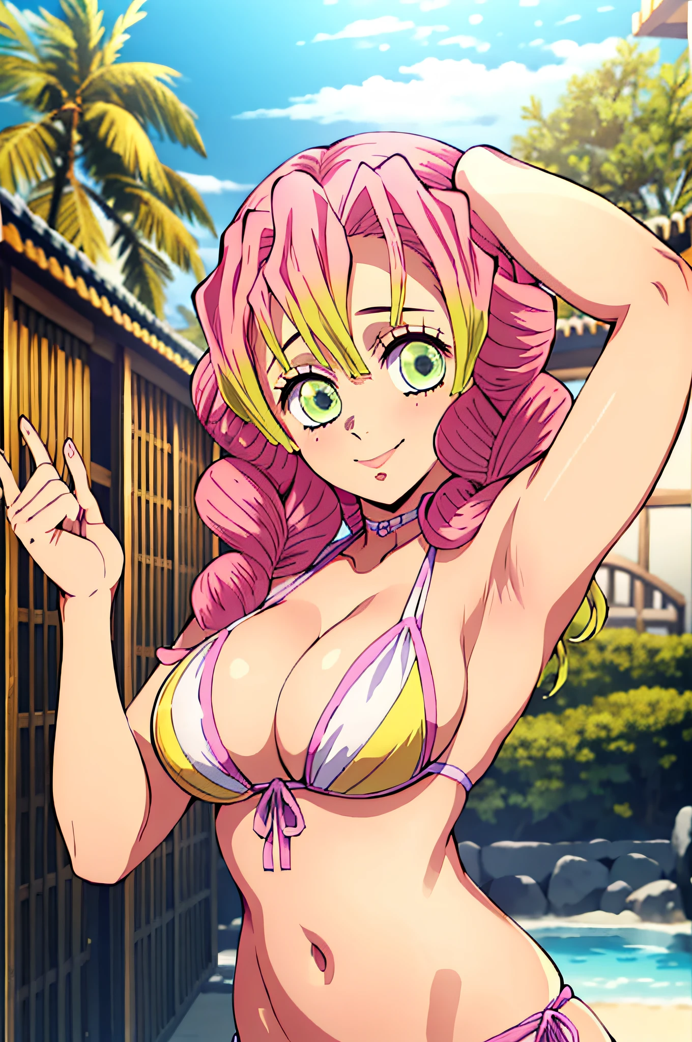 (obra maestra, mejor calidad), 1chica, MitsuriKanroji, deslumbrante, sonrisa, bikini, playa, breast, armpits