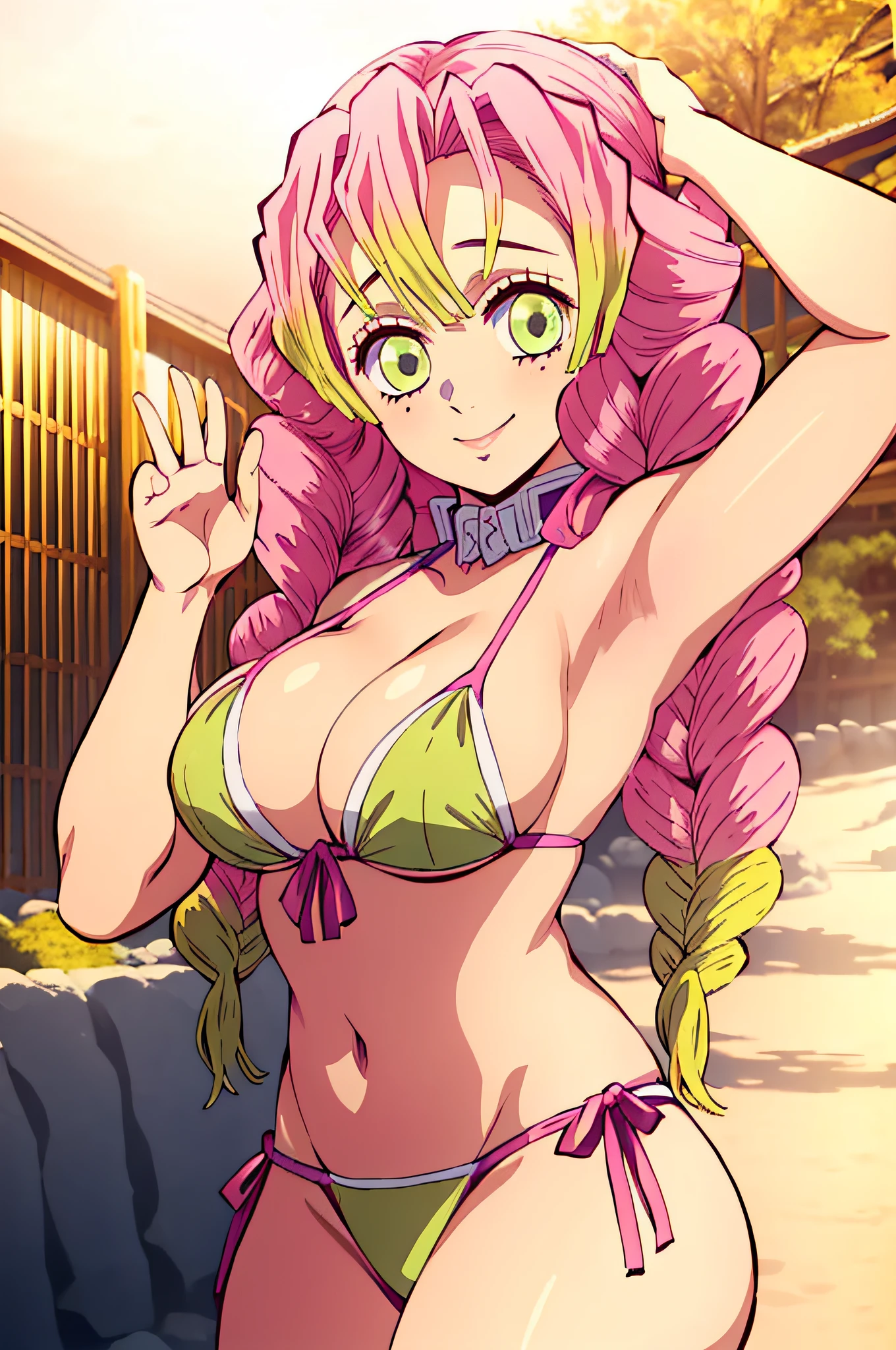 (obra maestra, mejor calidad), 1chica, MitsuriKanroji, deslumbrante, sonrisa, bikini, playa, breast, armpits