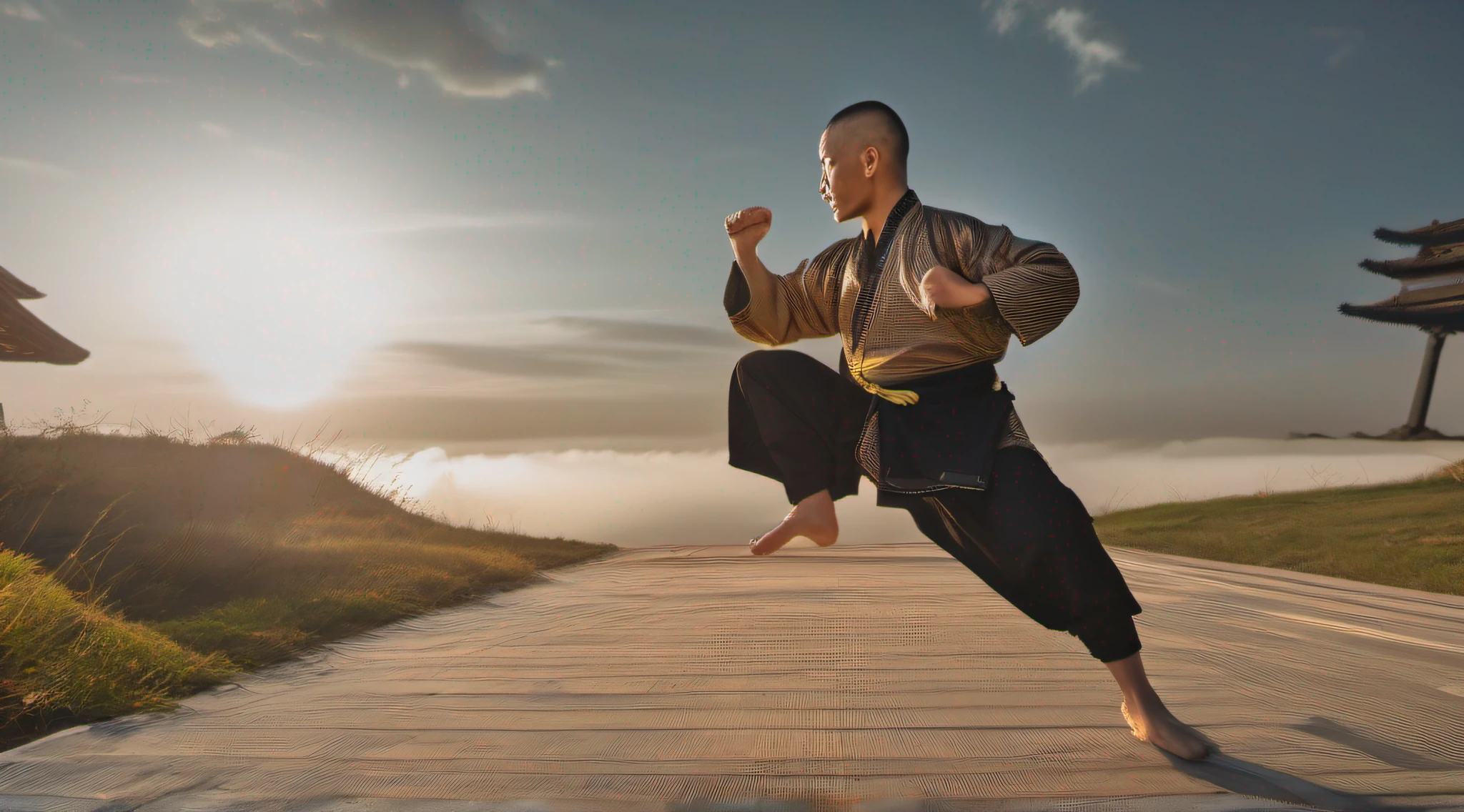 Mestre de Kung Fu, Treino em campo aberto, usando roupas tradicionais da arte marcial, Professional photographic plan, hyper realistic, foto premiada, capa de revista, Photography Award, High definition, Cinematic lighting, 16k
