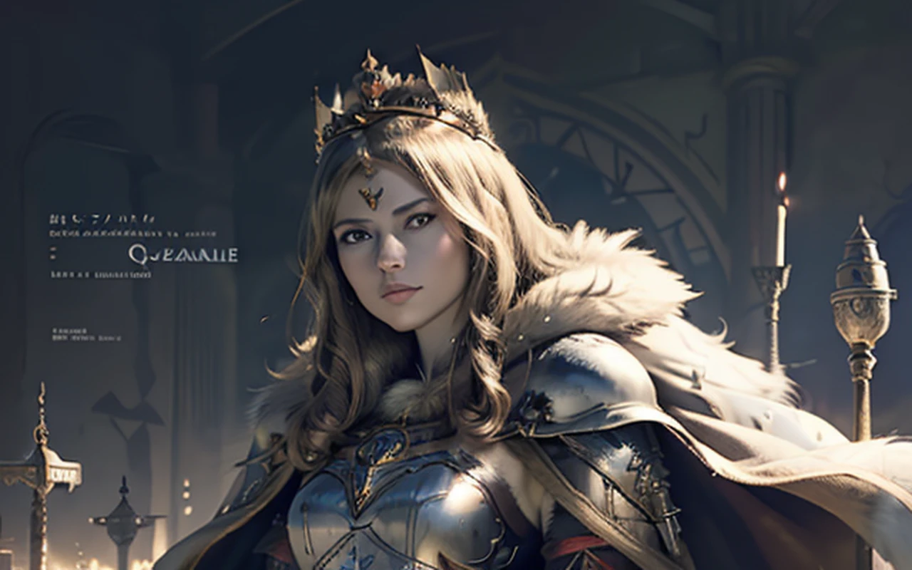 (masterpiece, top quality, best quality, official art, beautiful and aesthetic:1.2), (1girl), (warrior queen armor, fur-lined cape, jeweled crown:1.2),serious