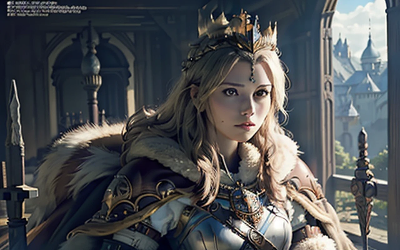 (masterpiece, top quality, best quality, official art, beautiful and aesthetic:1.2), (1girl), (warrior queen armor, fur-lined cape, jeweled crown:1.2),serious