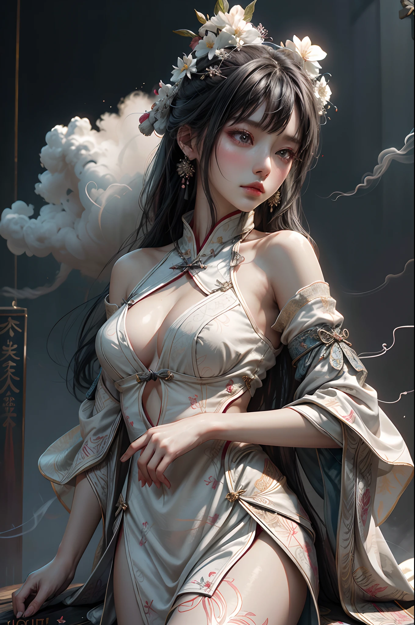 zhongfenghua, 1girl, solo, hanfu, ancient_chinese_architecture, flower field, blossom, (white smoke:1.3) (photorealistic:1.4), zentangle, mandala, entangle, official art, unity 8k wallpaper, ultra detailed, beautiful and aesthetic, masterpiece,best quality, (dynamic angle:1.4), glowing skin, (floating colorful sparkles:1) the most beautiful form of chaos, elegant, a brutalist designed, vivid colours, romanticism depth of field <lora:exotic_dance:exotic